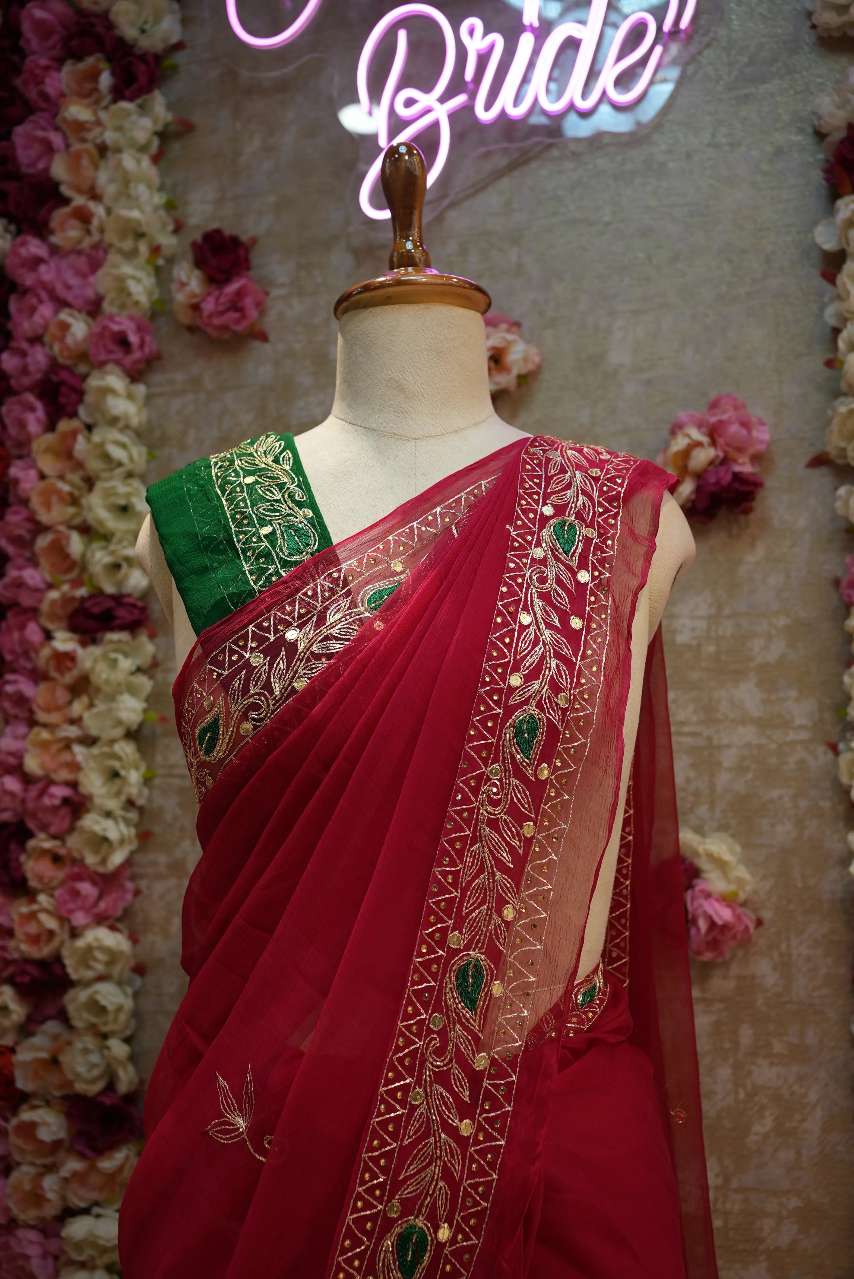 Pure Chiffon Saree with Aari Tari Work & Contrast Green Blouse