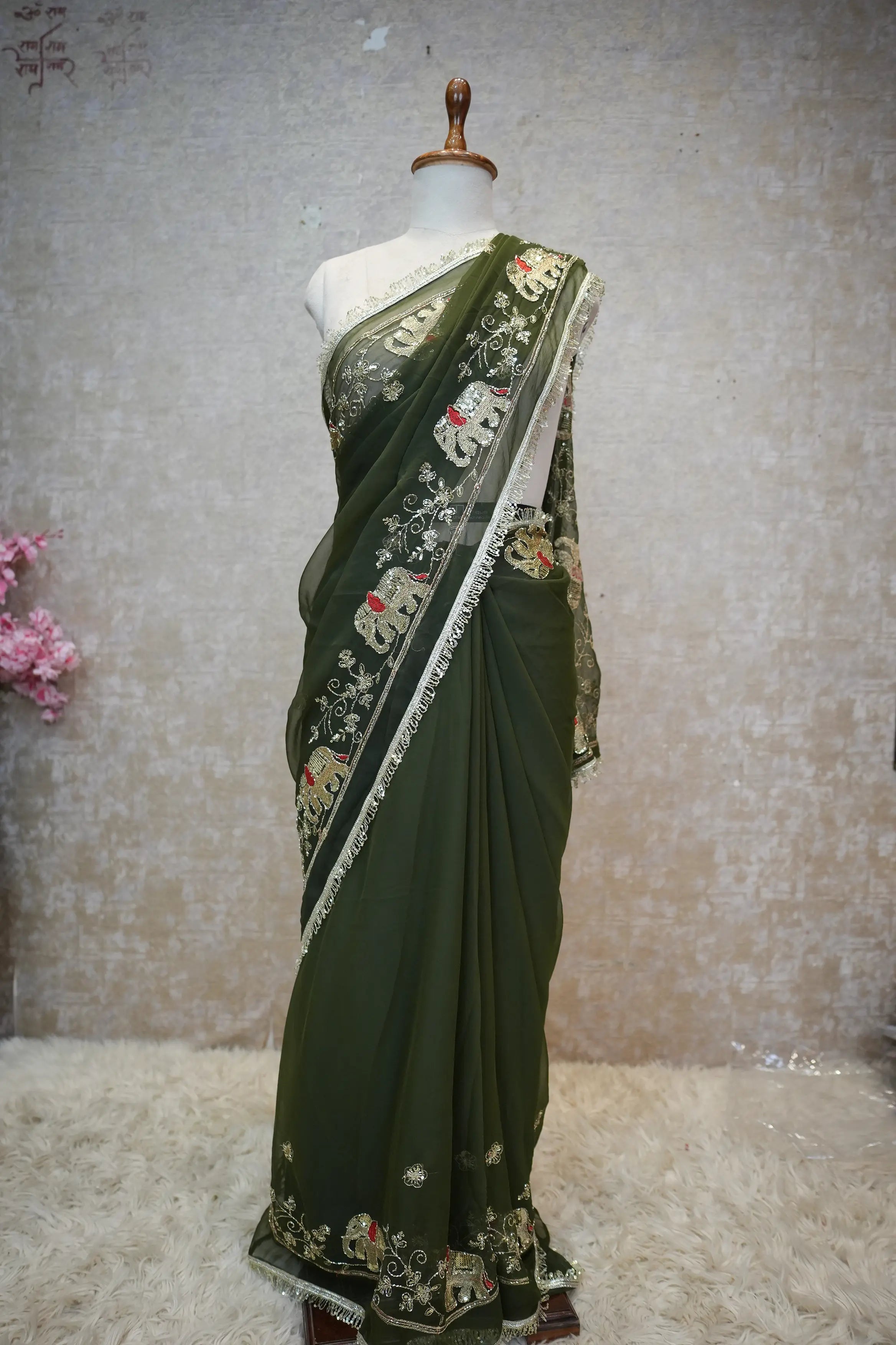 Royal Georgette Fabric Darbari Saree With Elephant Figure Pattern (With Blouse)