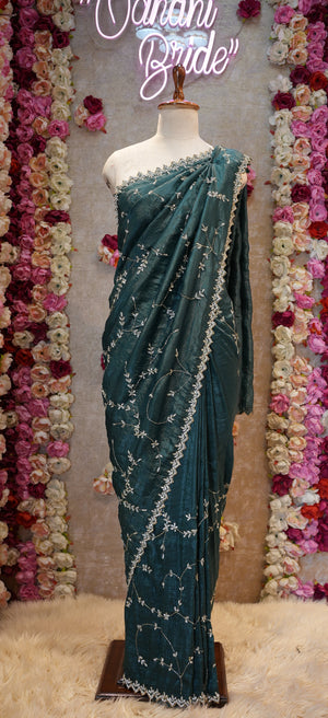 CRYSTAL FABRIC SAREE WITH JARKAN AND CUTDANA WORK & HEAVY JALL PATTERN (WITH BLOUSE) ##SR0337