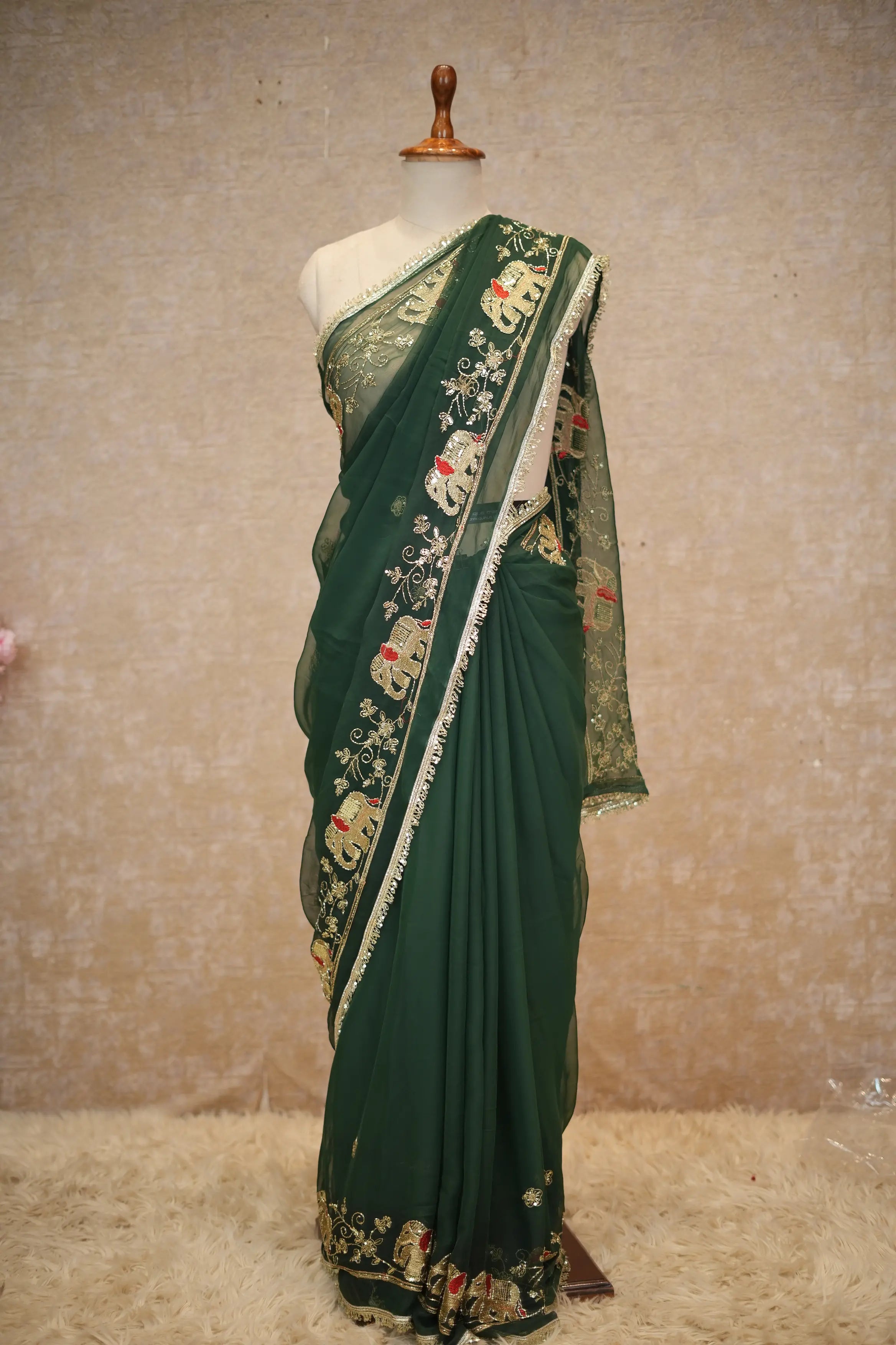 Royal Georgette Fabric Darbari Saree With Elephant Figure Pattern (With Blouse)