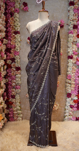 CRYSTAL FABRIC SAREE WITH JARKAN AND CUTDANA WORK & HEAVY JALL PATTERN (WITH BLOUSE) ##SR0337