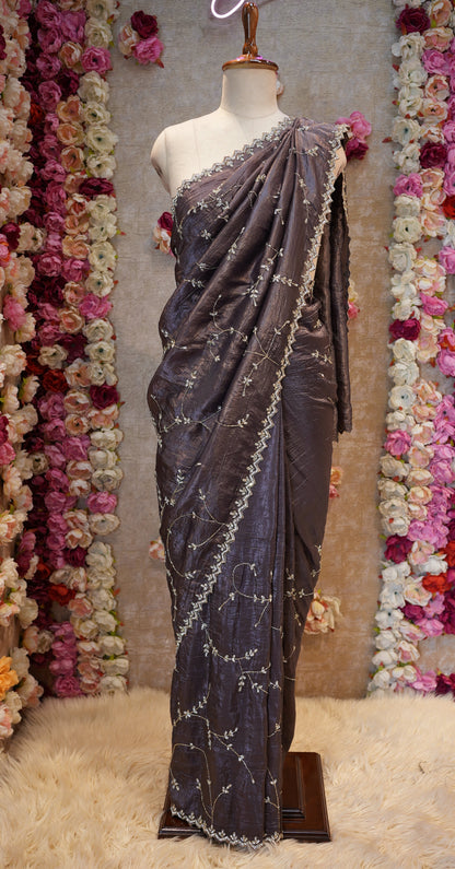 CRYSTAL FABRIC SAREE WITH JARKAN AND CUTDANA WORK & HEAVY JALL PATTERN (WITH BLOUSE) ##SR0337