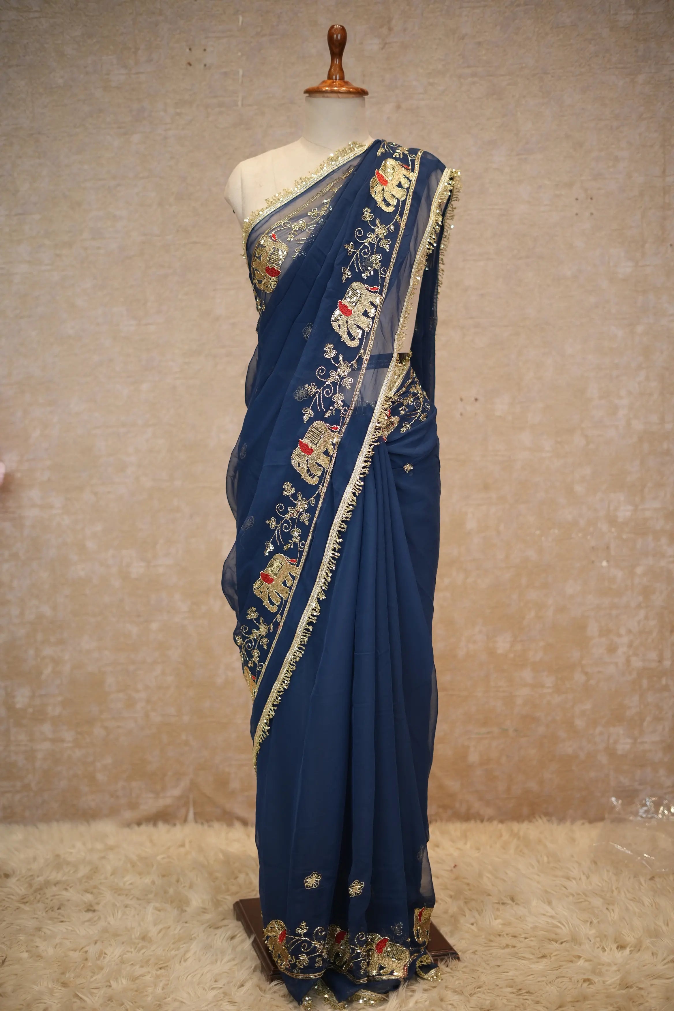 Royal Georgette Fabric Darbari Saree With Elephant Figure Pattern (With Blouse)