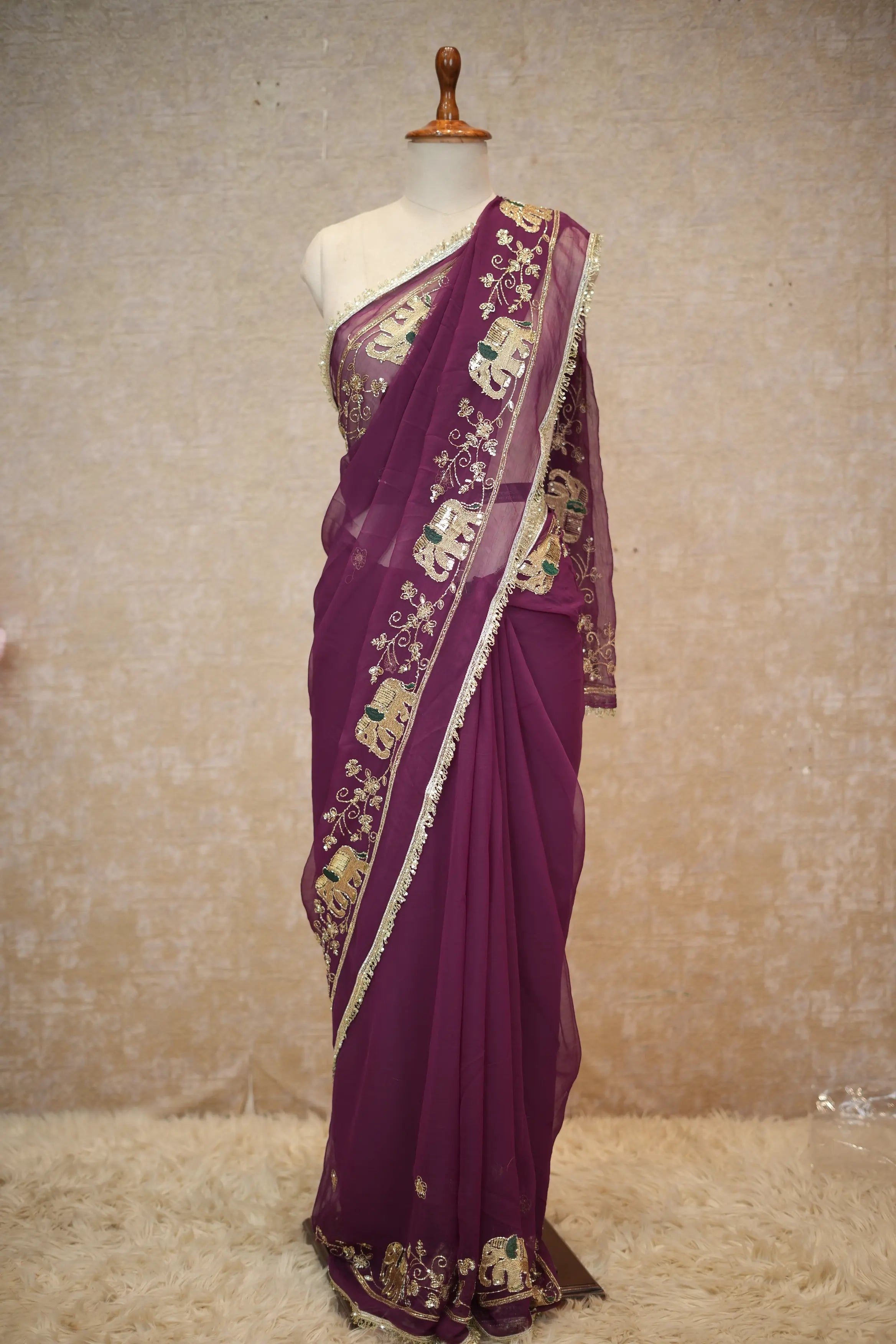 Royal Georgette Fabric Darbari Saree With Elephant Figure Pattern (With Blouse)