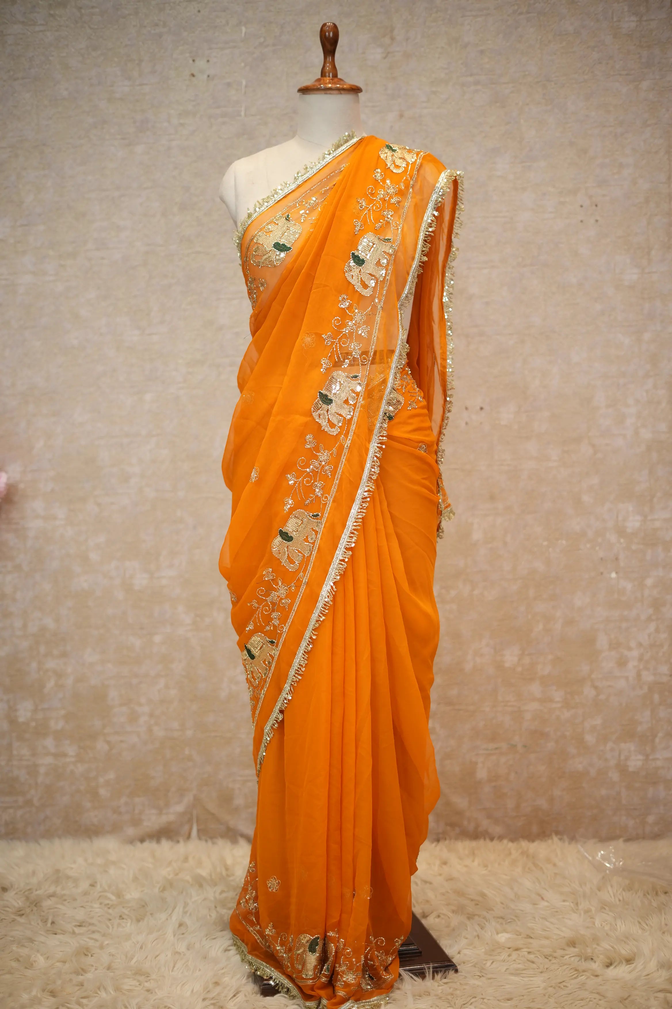 Royal Georgette Fabric Darbari Saree With Elephant Figure Pattern (With Blouse)