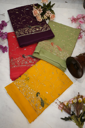 Moss Georgette Fabric with Aari Tari Work – 5.5 Meter Cut (Without Blouse)