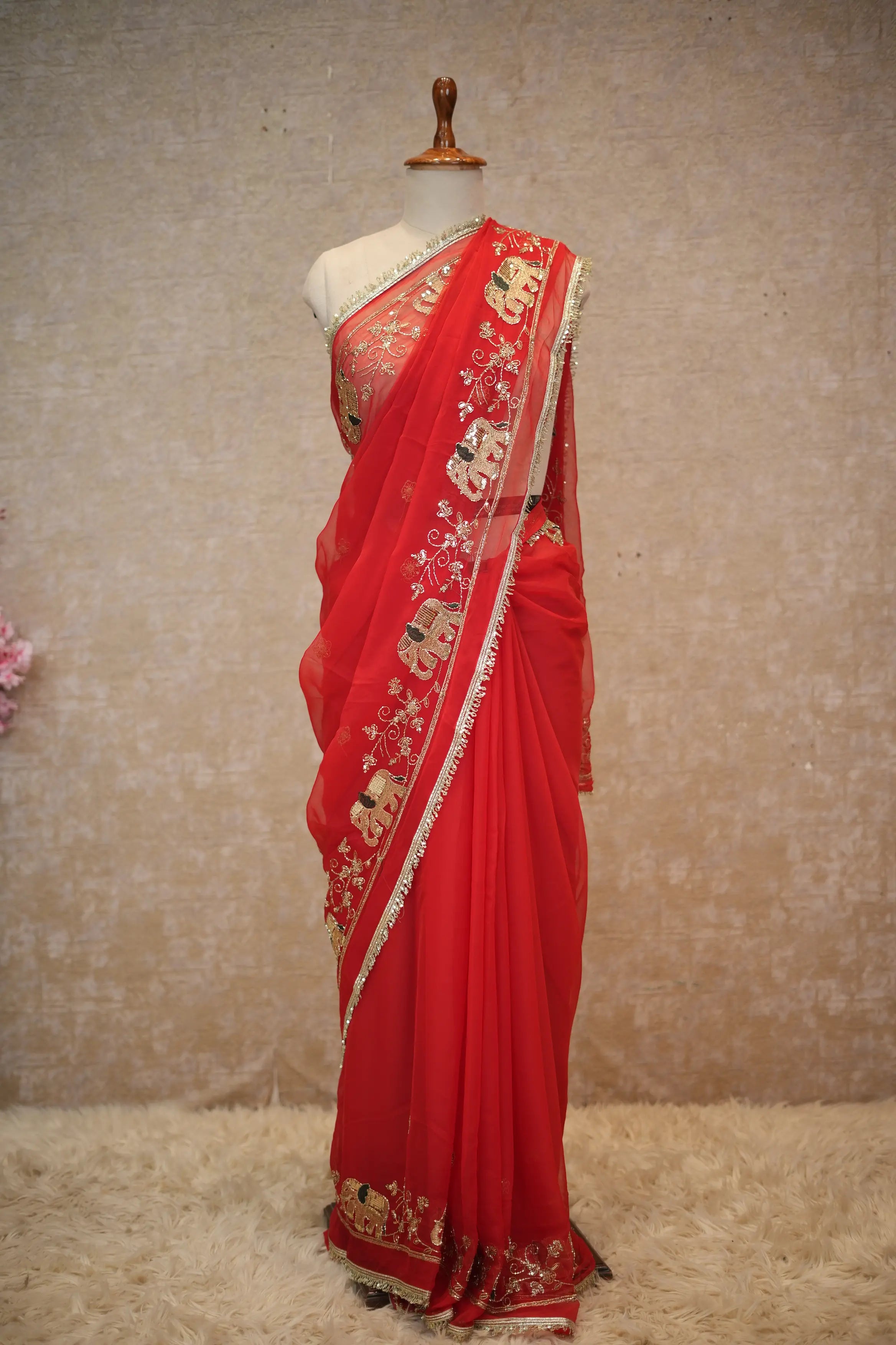 Royal Georgette Fabric Darbari Saree With Elephant Figure Pattern (With Blouse)