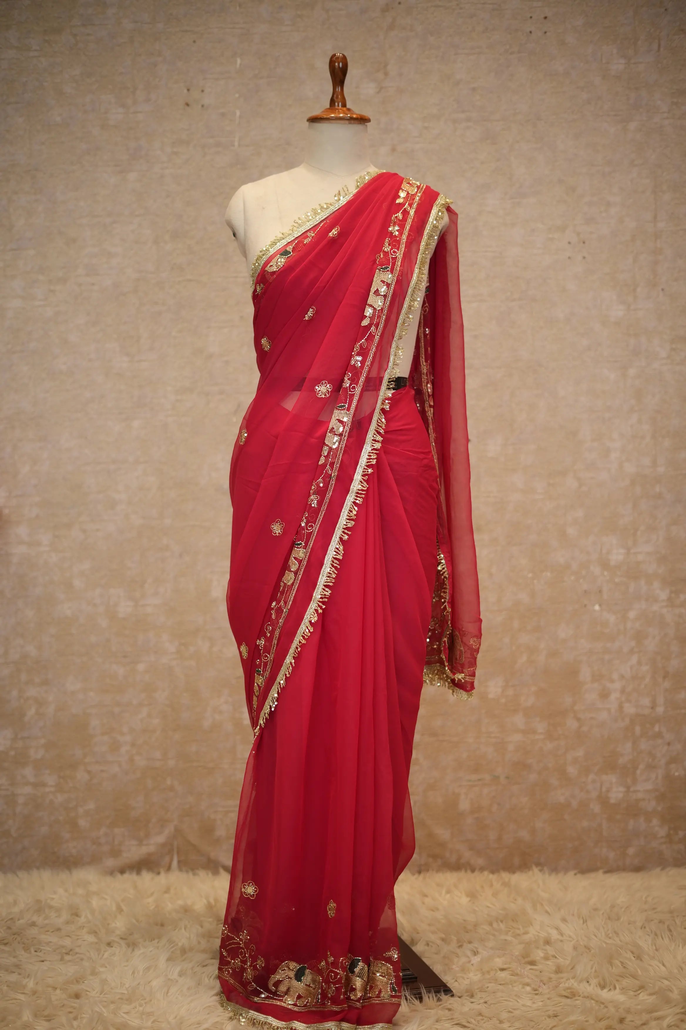 Royal Georgette Fabric Darbari Saree With Elephant Figure Pattern (With Blouse)