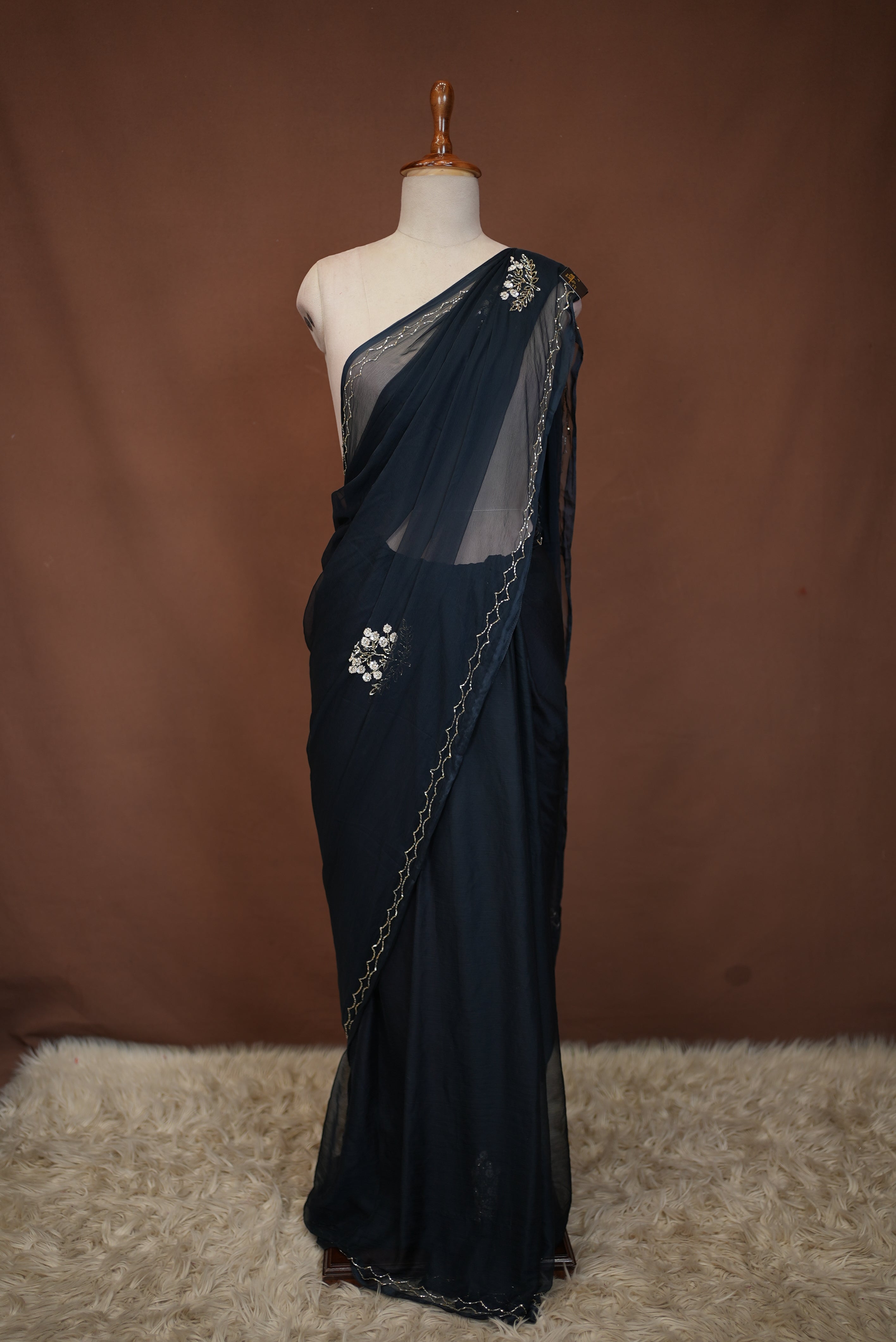 Chiffon Saree with Sequence & Cutdana Handwork Buta (With Blouse)