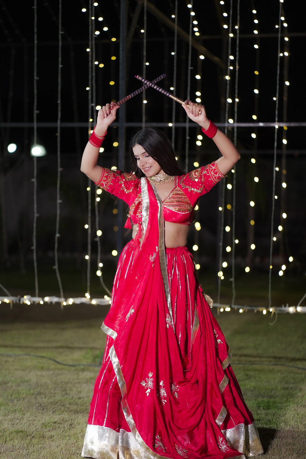Pure Crepe Red Lehenga Set with Heart Sequin Aangi Blouse & Ghungroo Dupatta