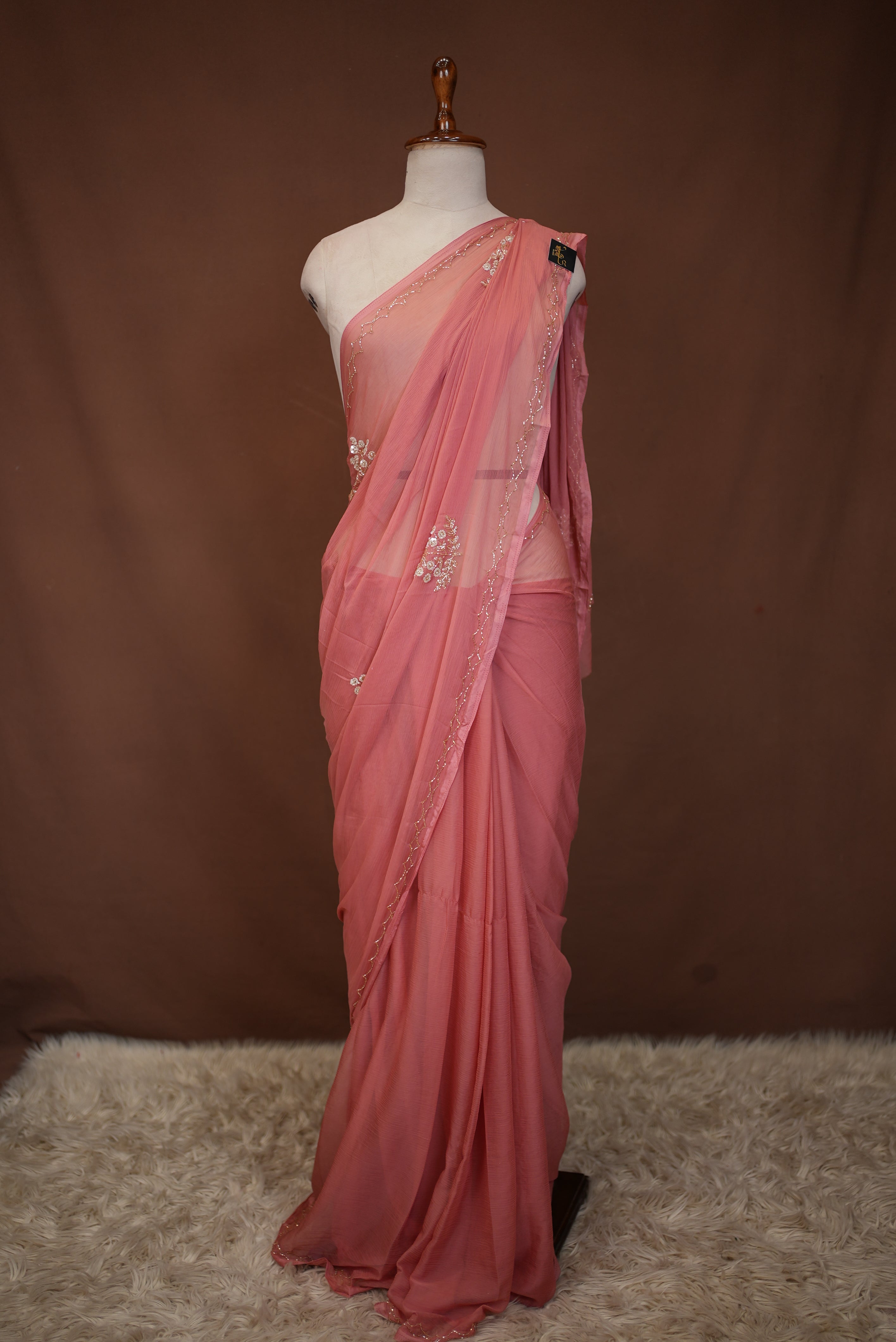 Chiffon Saree with Sequence & Cutdana Handwork Buta (With Blouse)