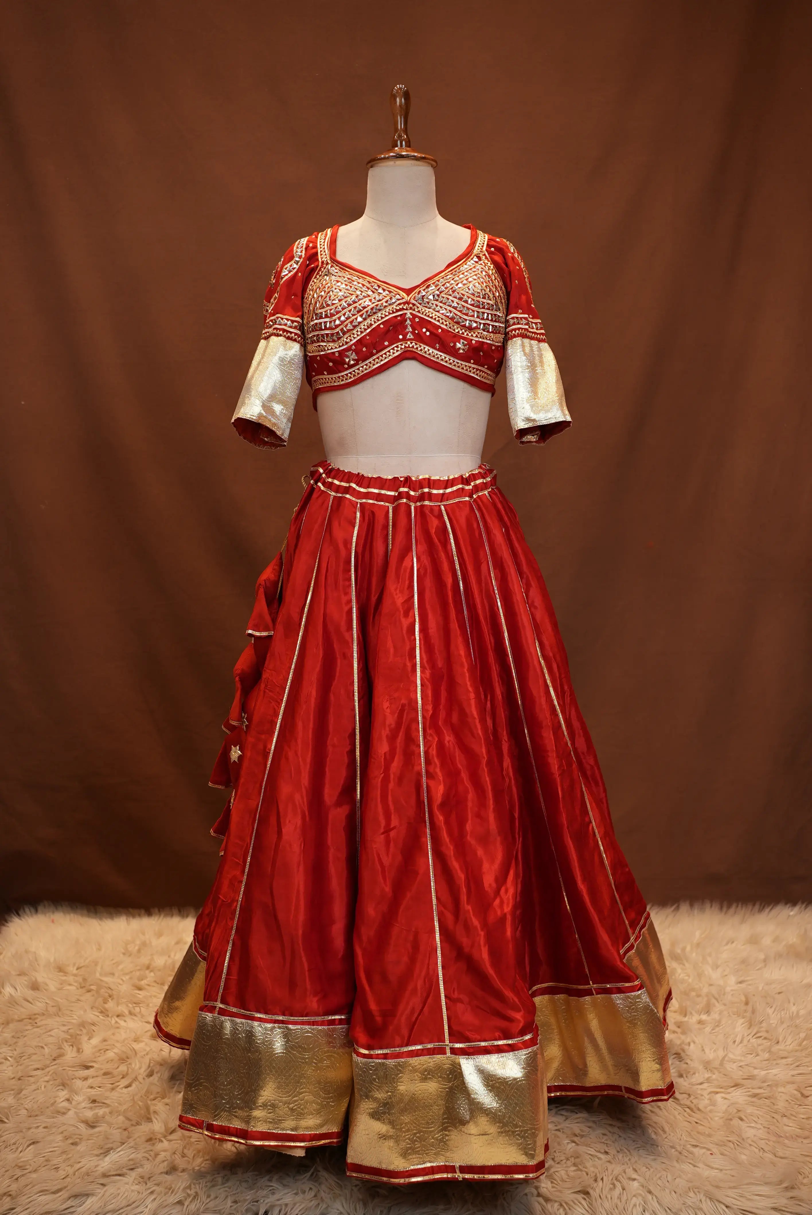 Gajji Silk Lehenga with Rajasthani Gota Work, Angi Blouse & Tissue Dupatta