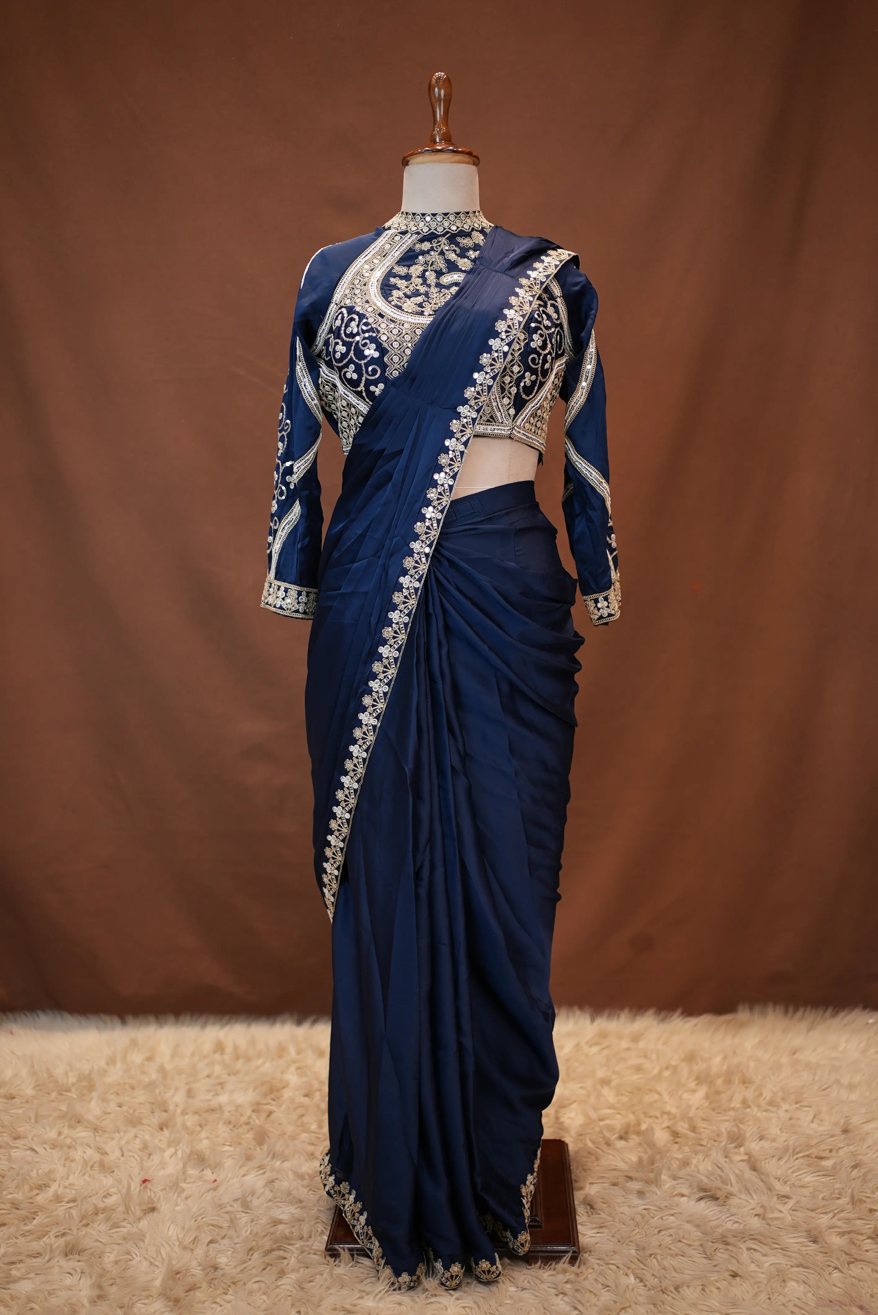Pre-Pleated Saree with Embroidery Sequence Work and Heavy Blouse