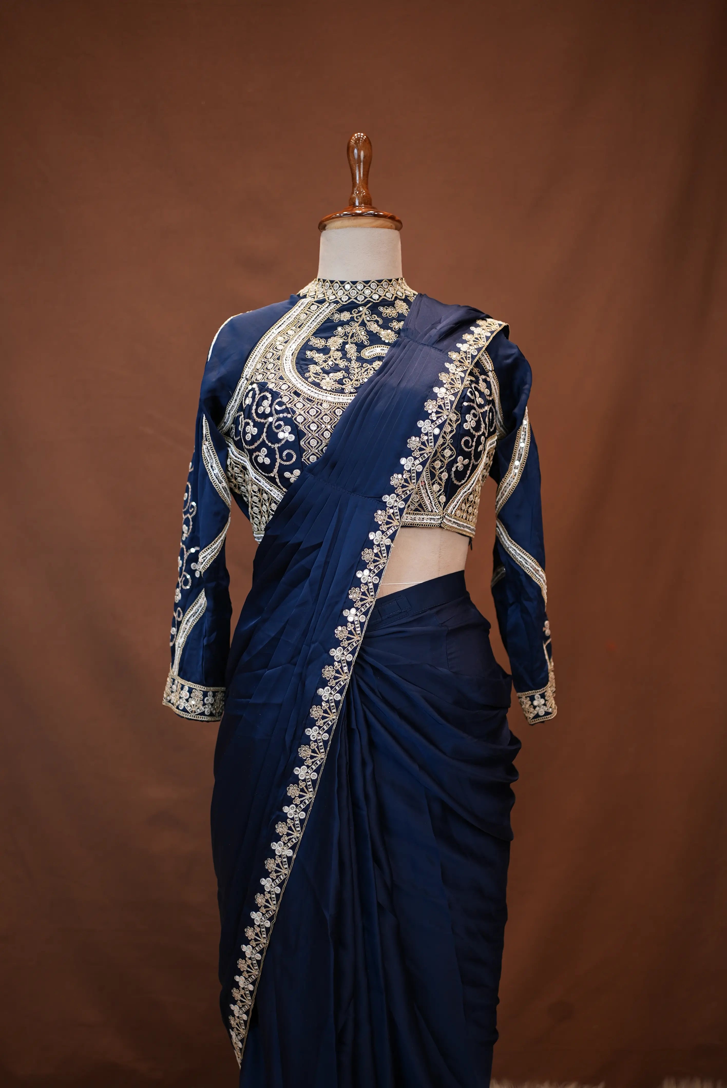 Pre-Pleated Saree with Embroidery Sequence Work and Heavy Blouse