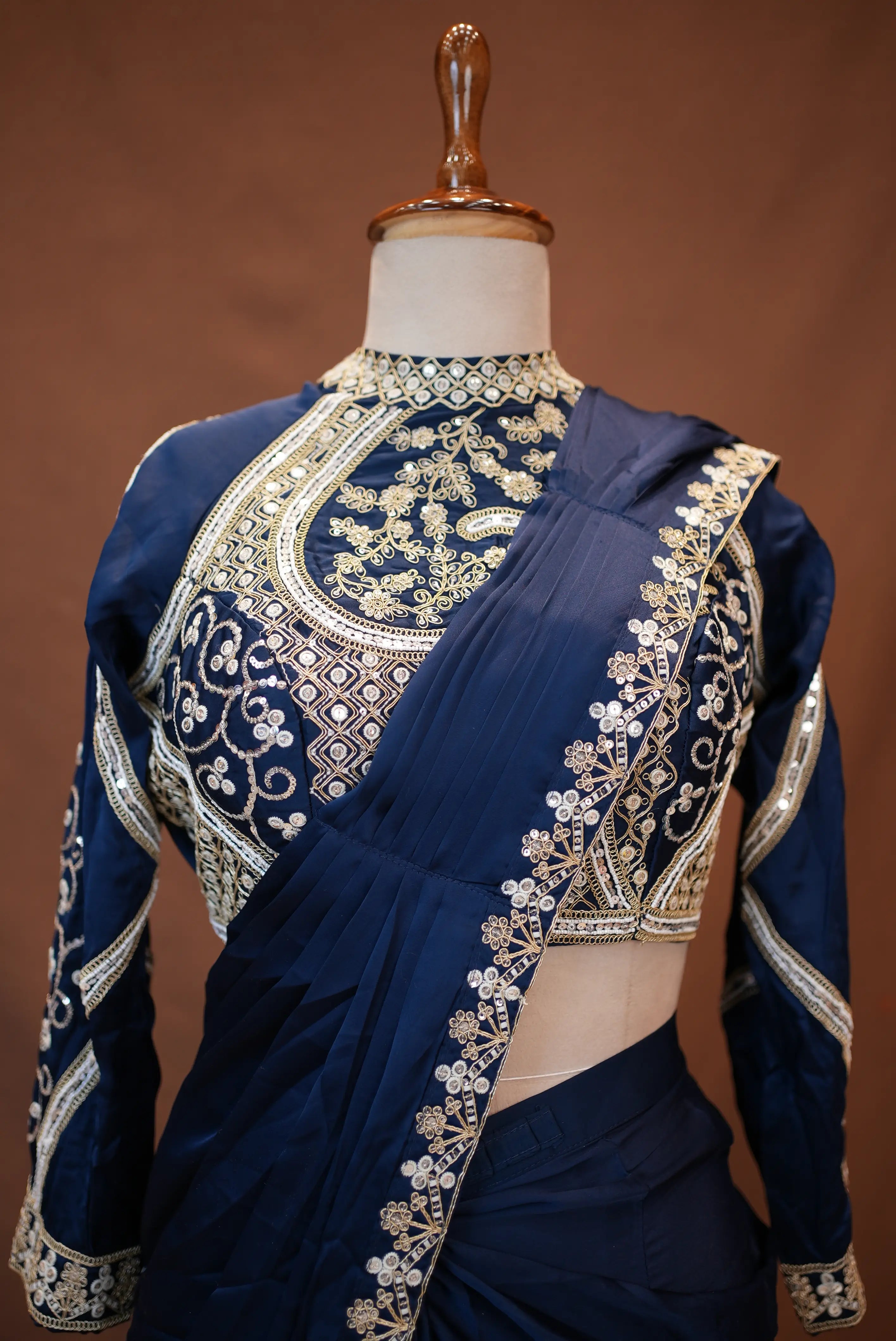Pre-Pleated Saree with Embroidery Sequence Work and Heavy Blouse