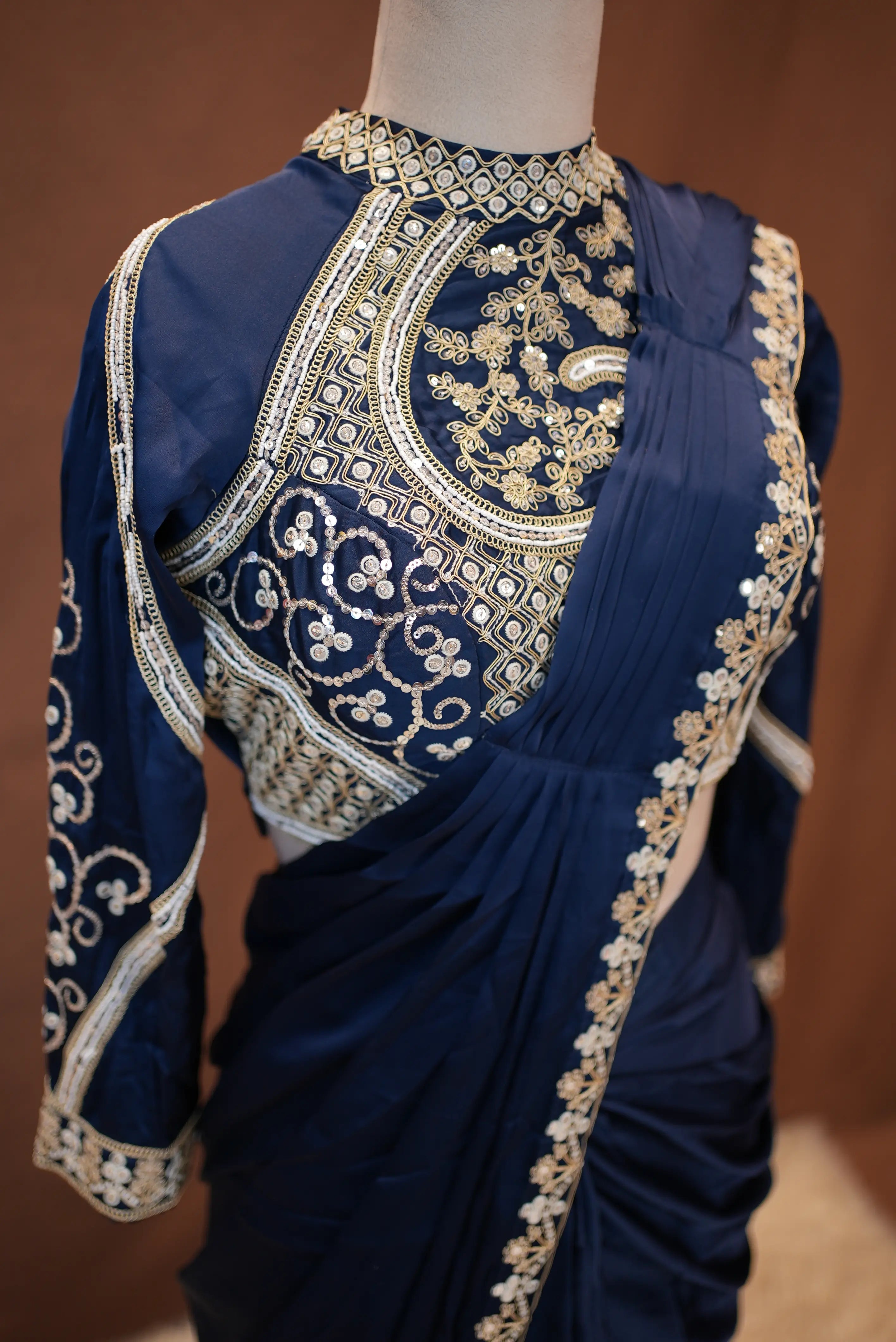 Pre-Pleated Saree with Embroidery Sequence Work and Heavy Blouse