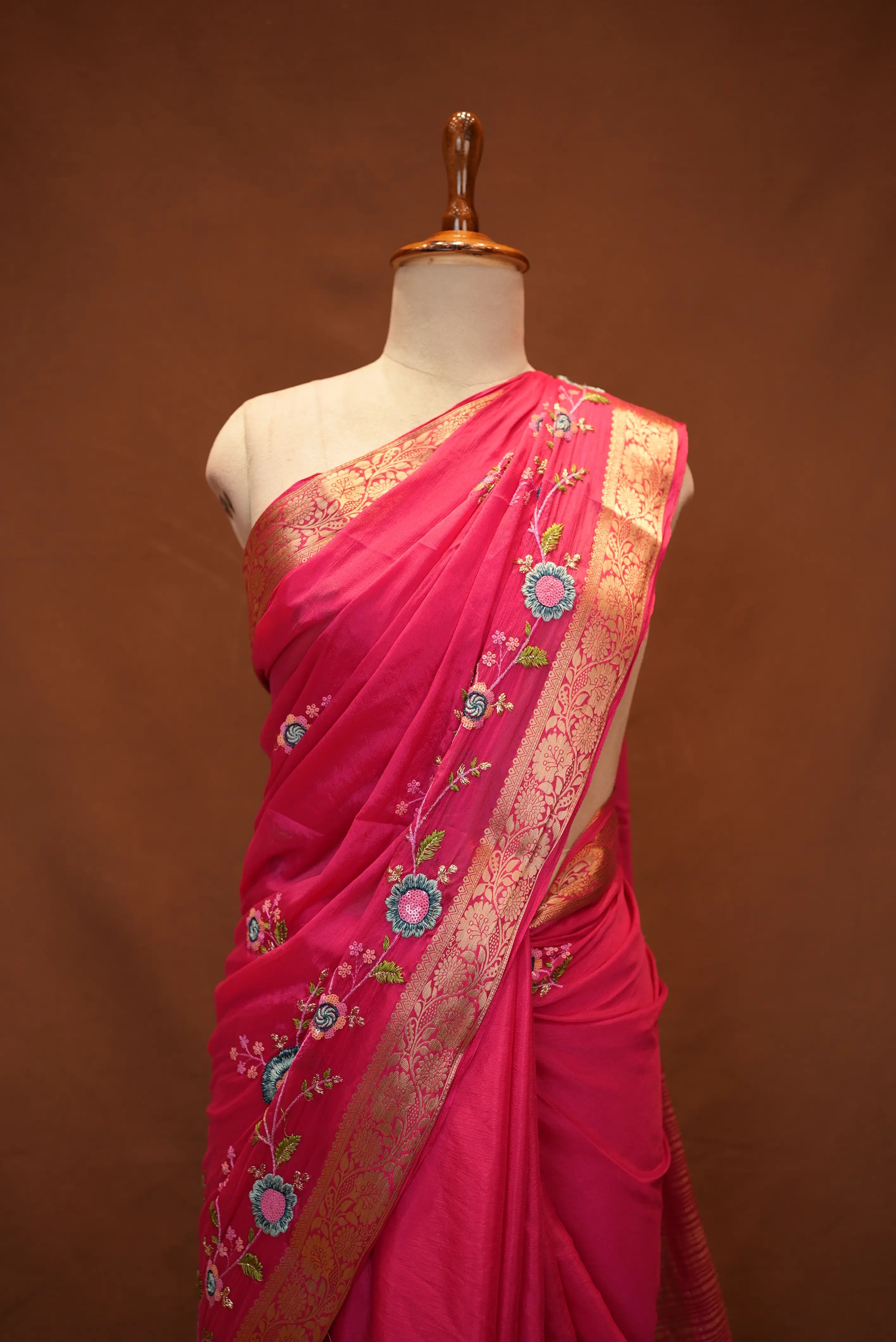 V Chinon Fabric Saree with Embroidery Work