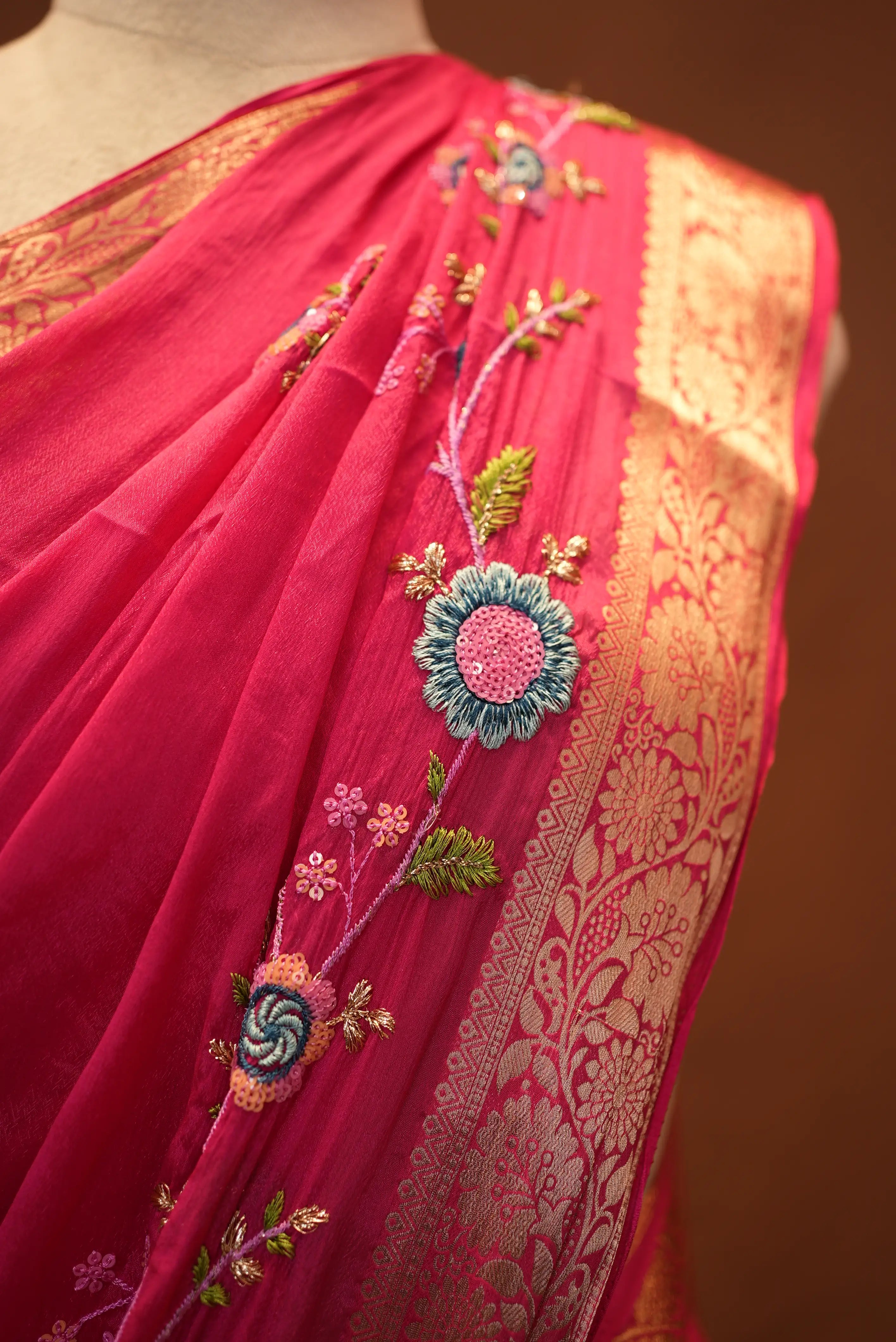 V Chinon Fabric Saree with Embroidery Work