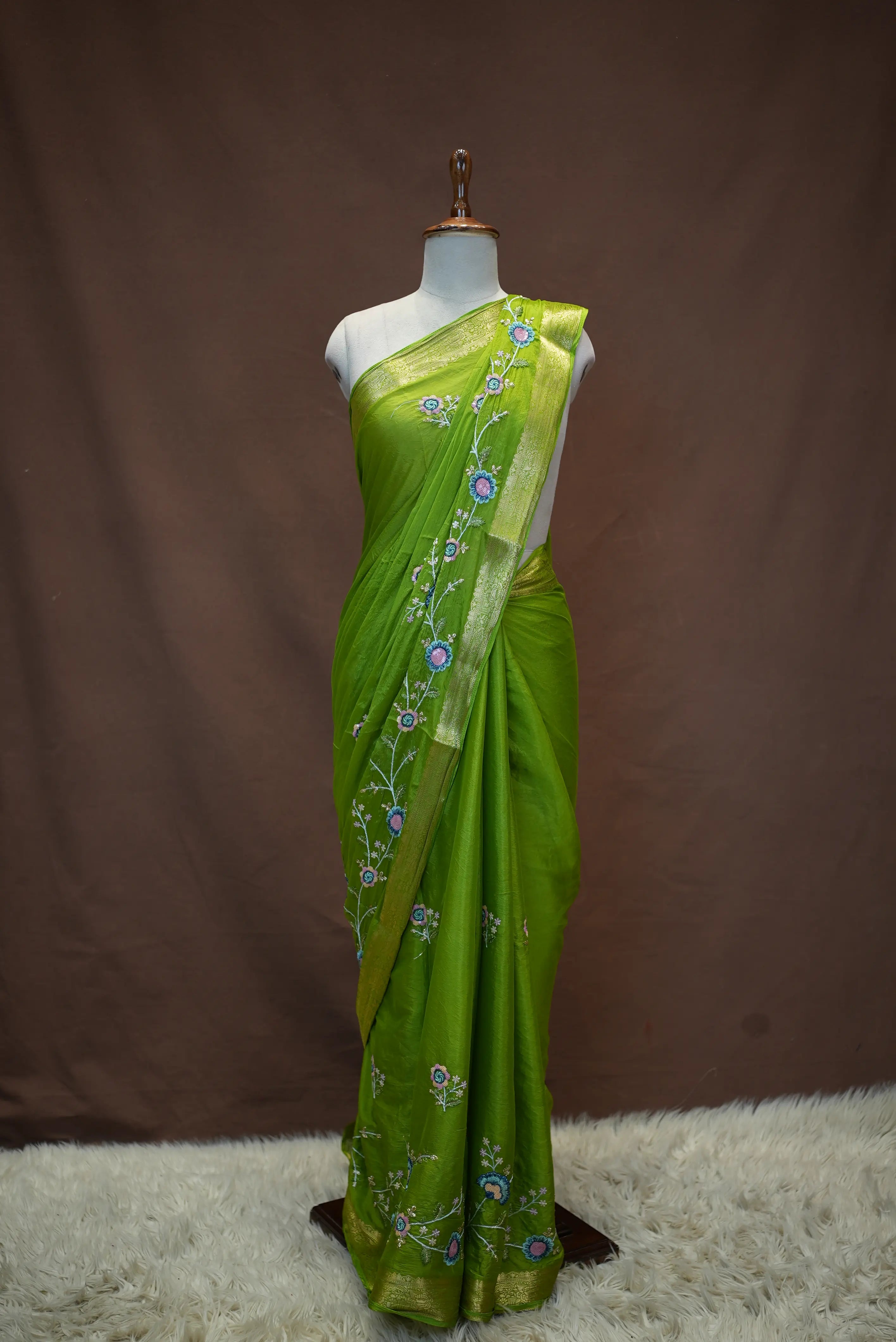 V Chinon Fabric Saree with Embroidery Work