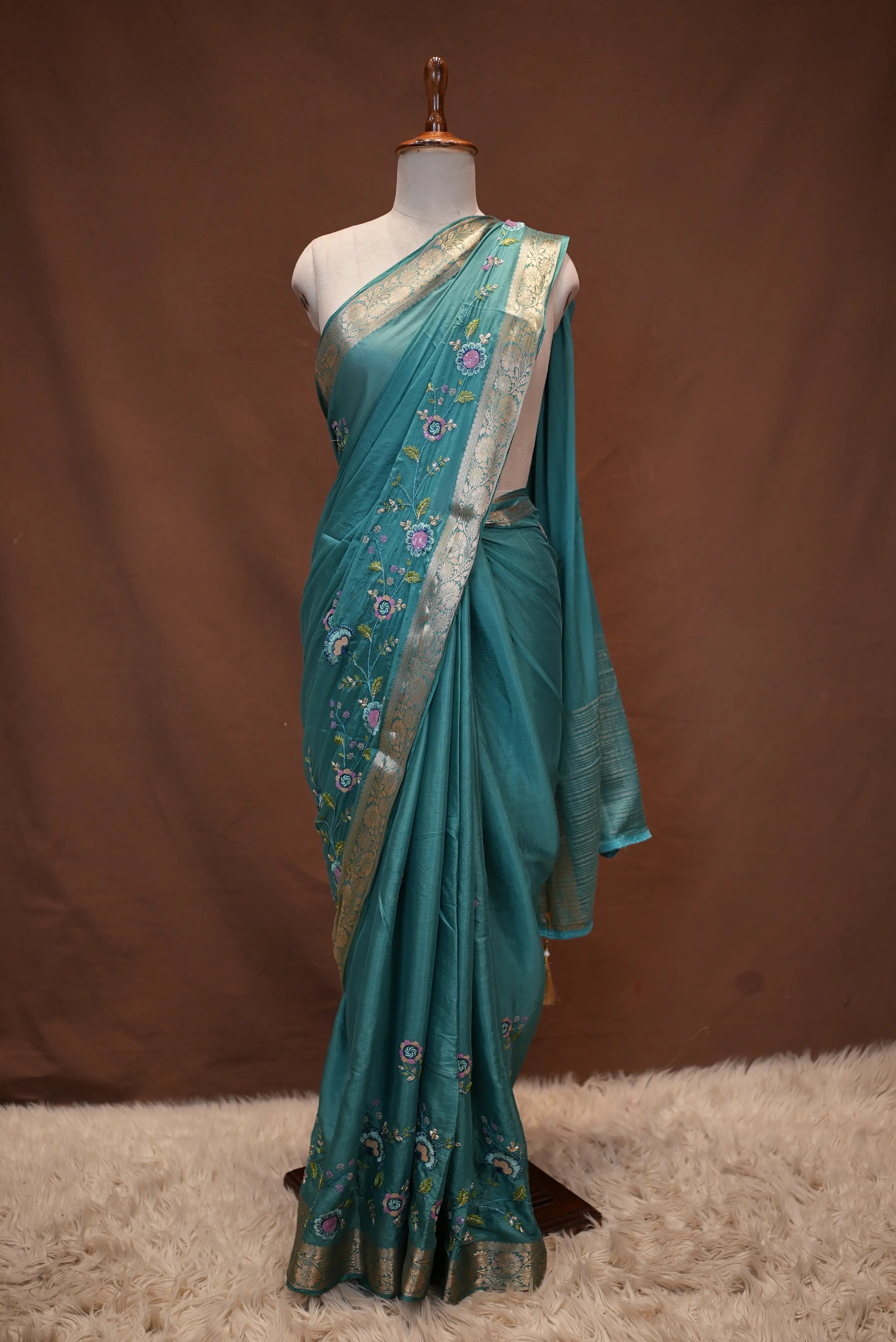 V Chinon Fabric Saree with Embroidery Work