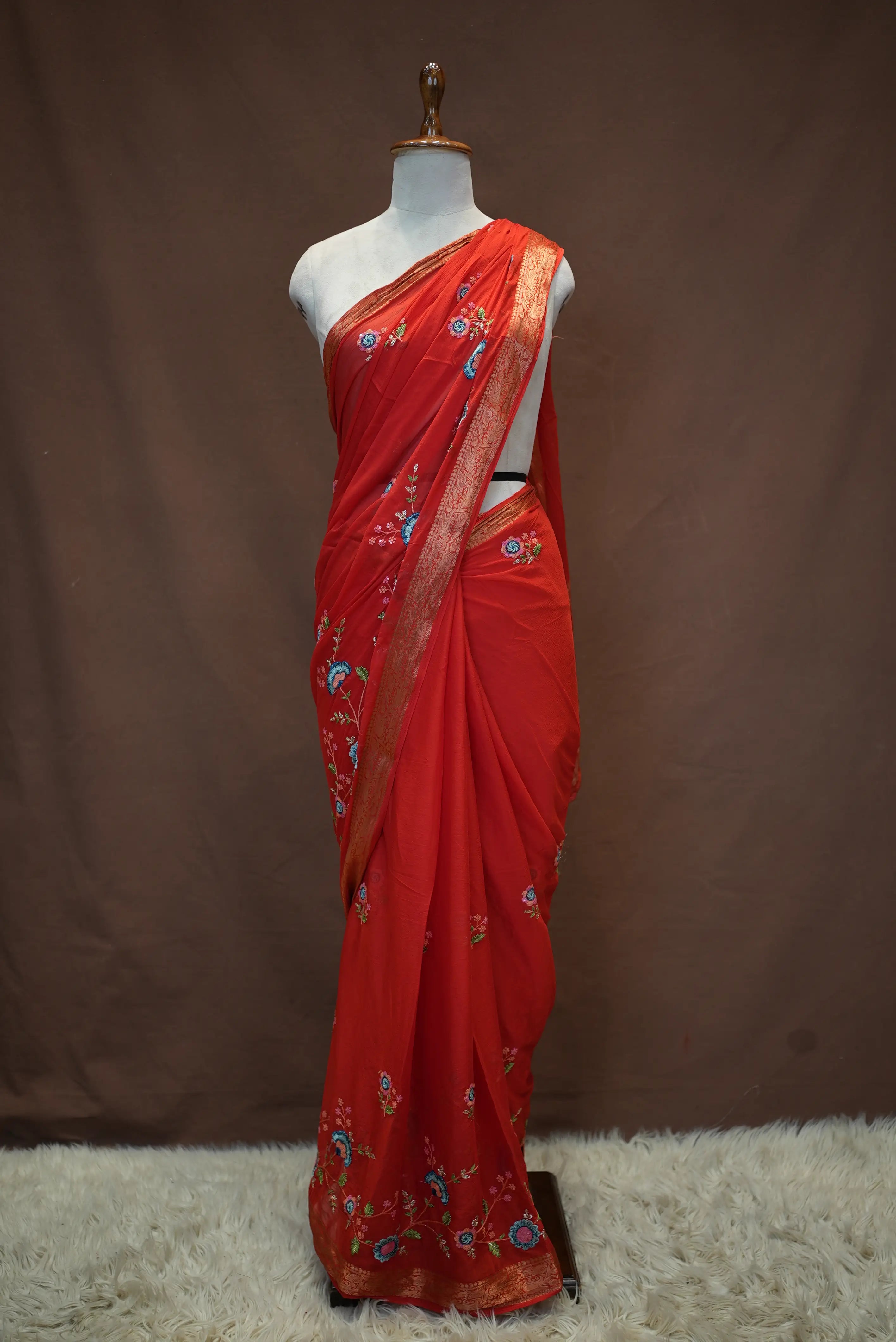 V Chinon Fabric Saree with Embroidery Work