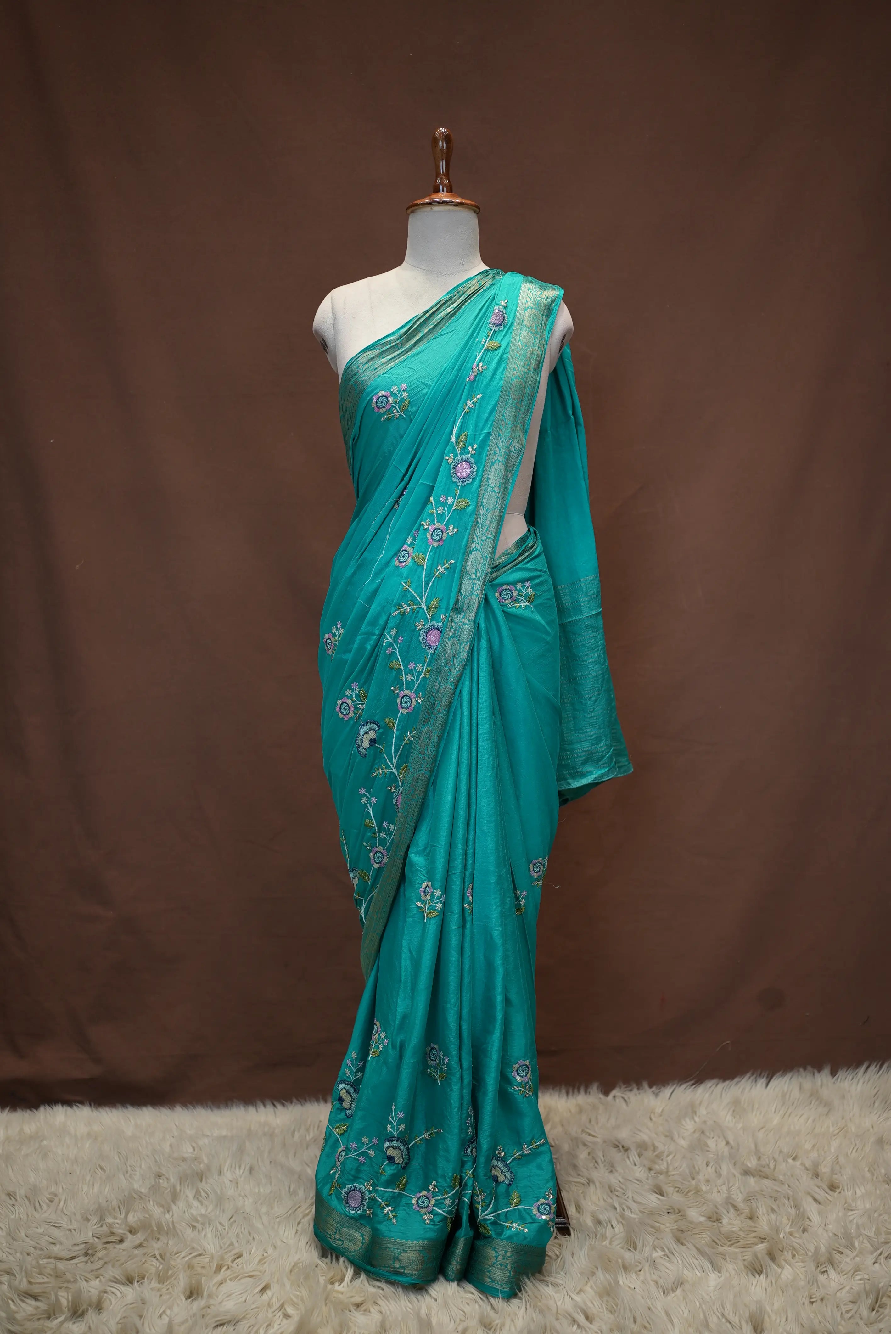 V Chinon Fabric Saree with Embroidery Work