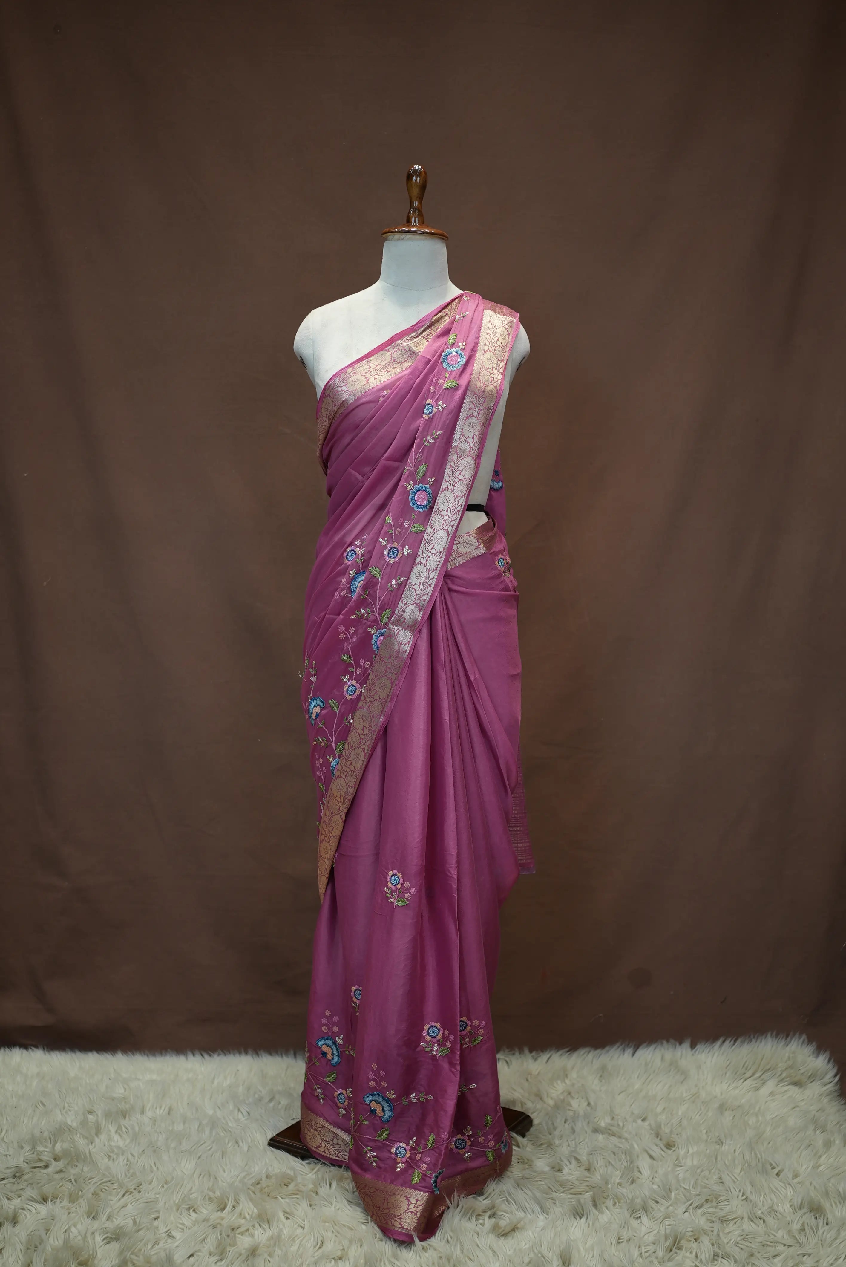 V Chinon Fabric Saree with Embroidery Work