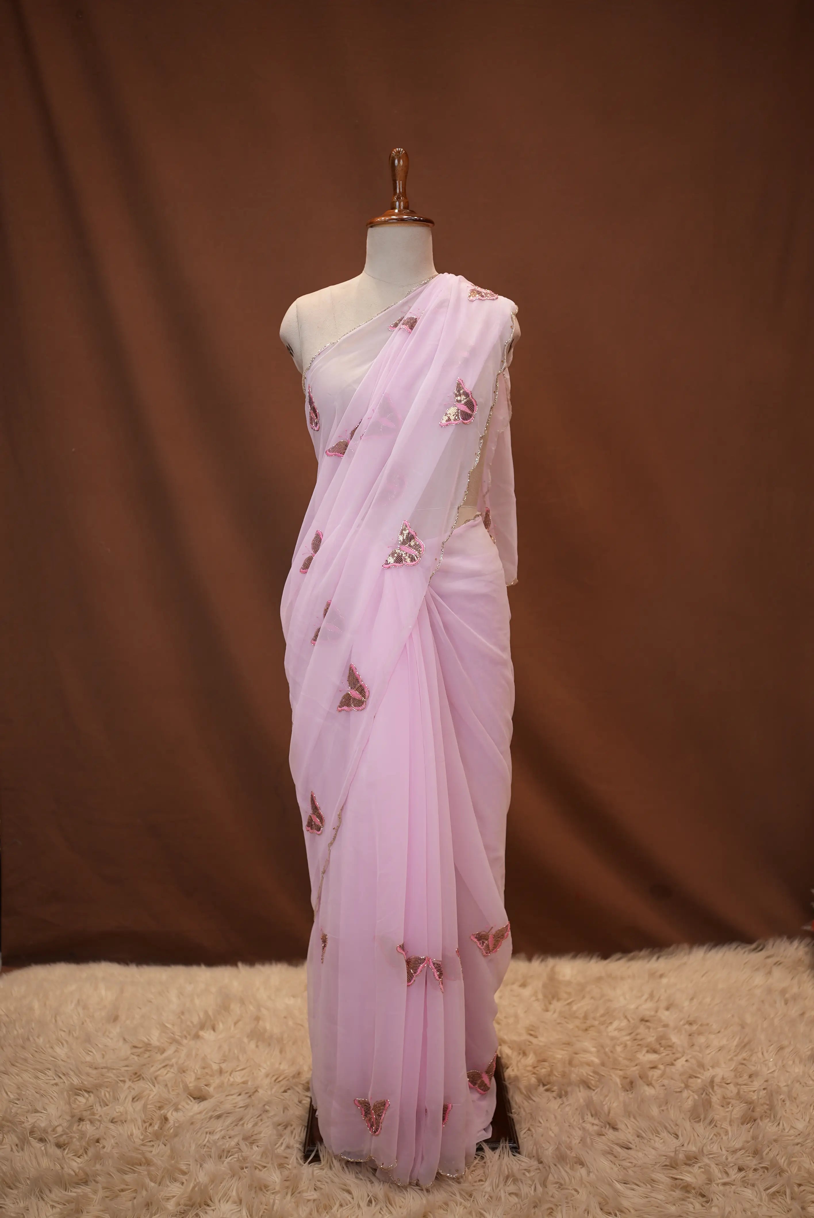 Georgette Saree with Butterfly Design & Cutwork Border (With Blouse)