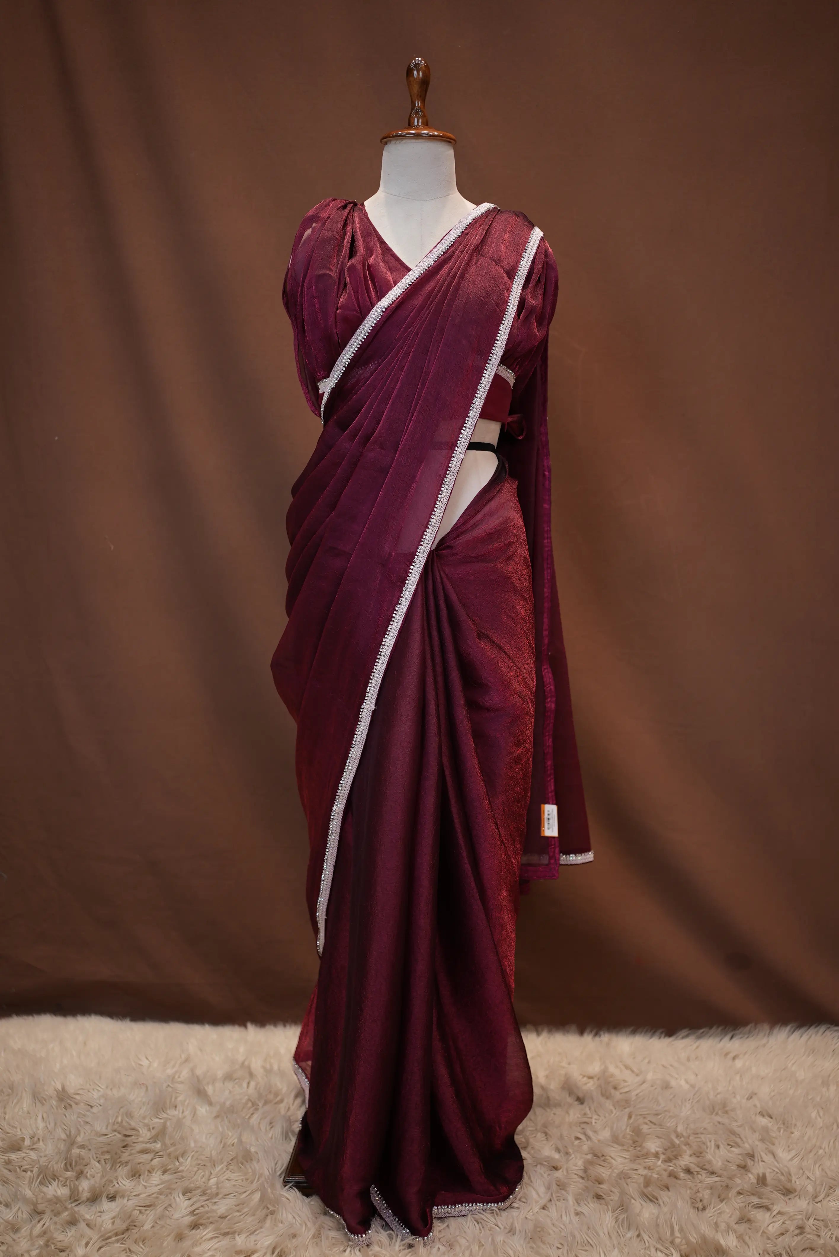 Stitch Blouse Saree With Delicate Zarkan Border (Wine)  ##SR453