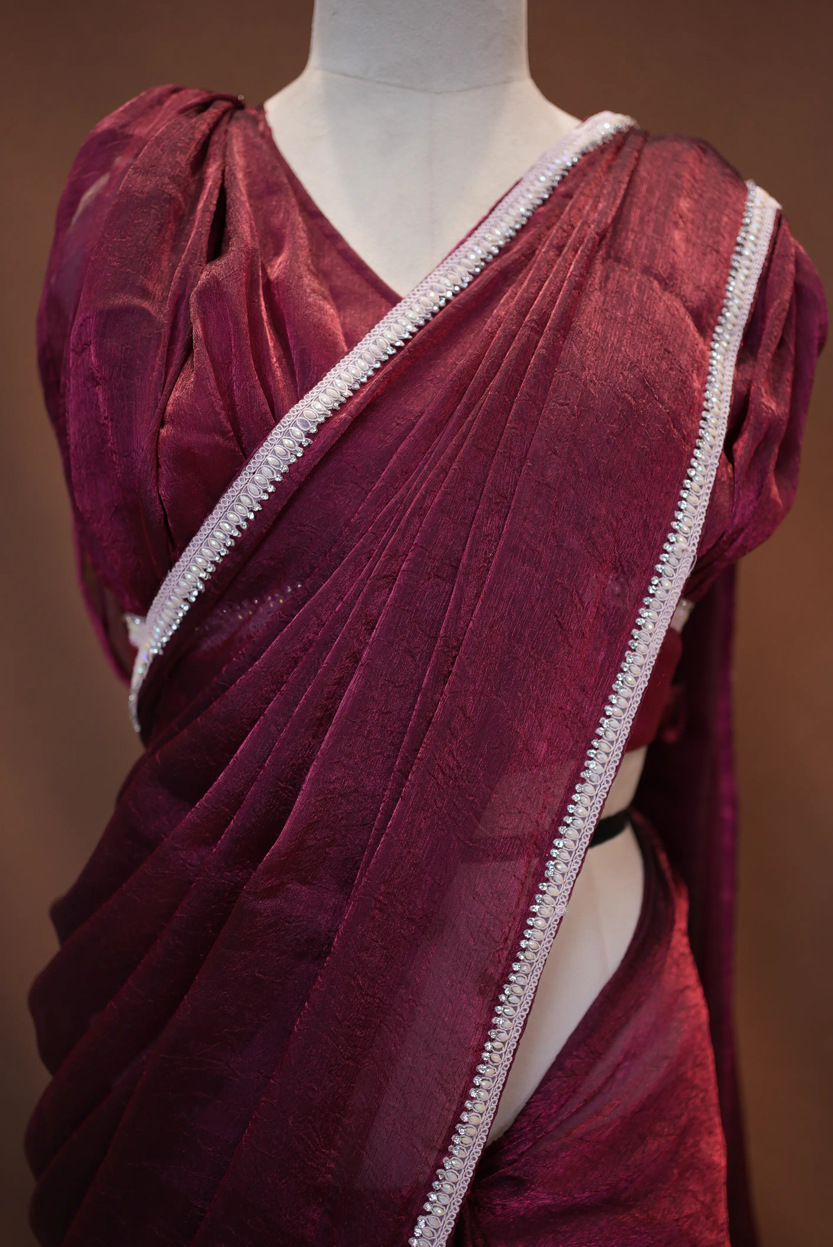 Stitch Blouse Saree With Delicate Zarkan Border (Wine)  ##SR453