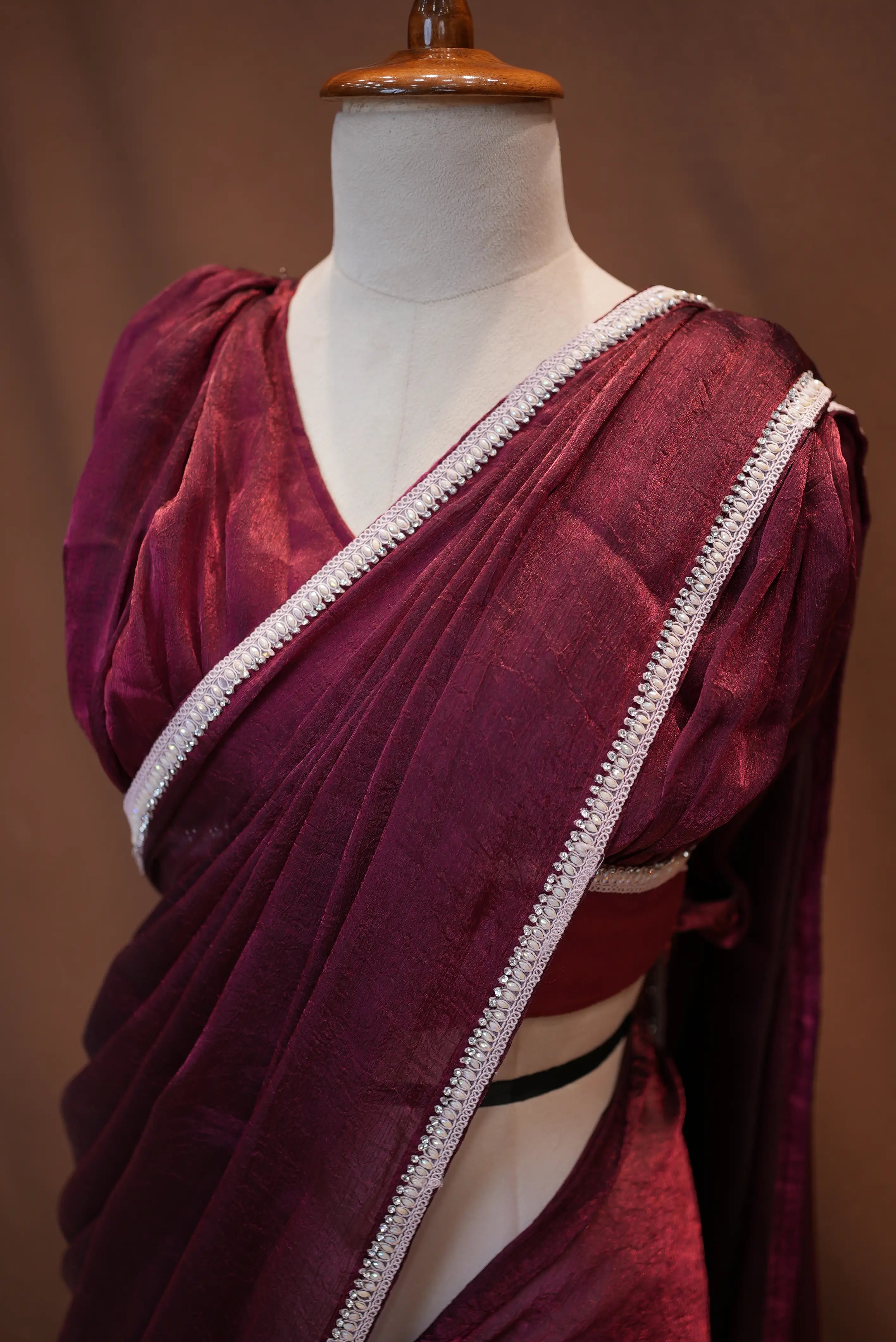 Stitch Blouse Saree With Delicate Zarkan Border (Wine)  ##SR453