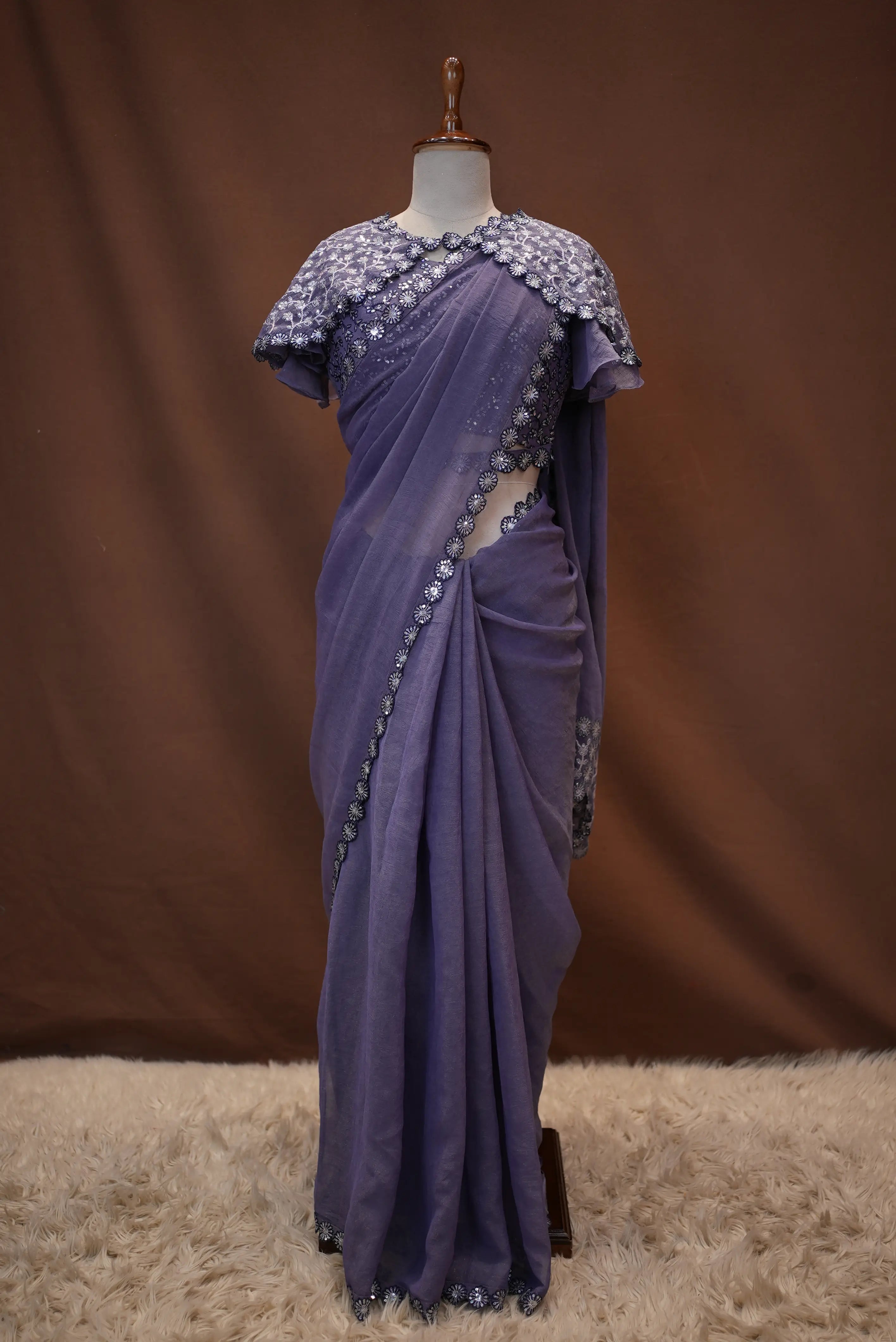 Poncho (Cap) Pattern Stitch Blouse Saree with Sequence Work ##SR451