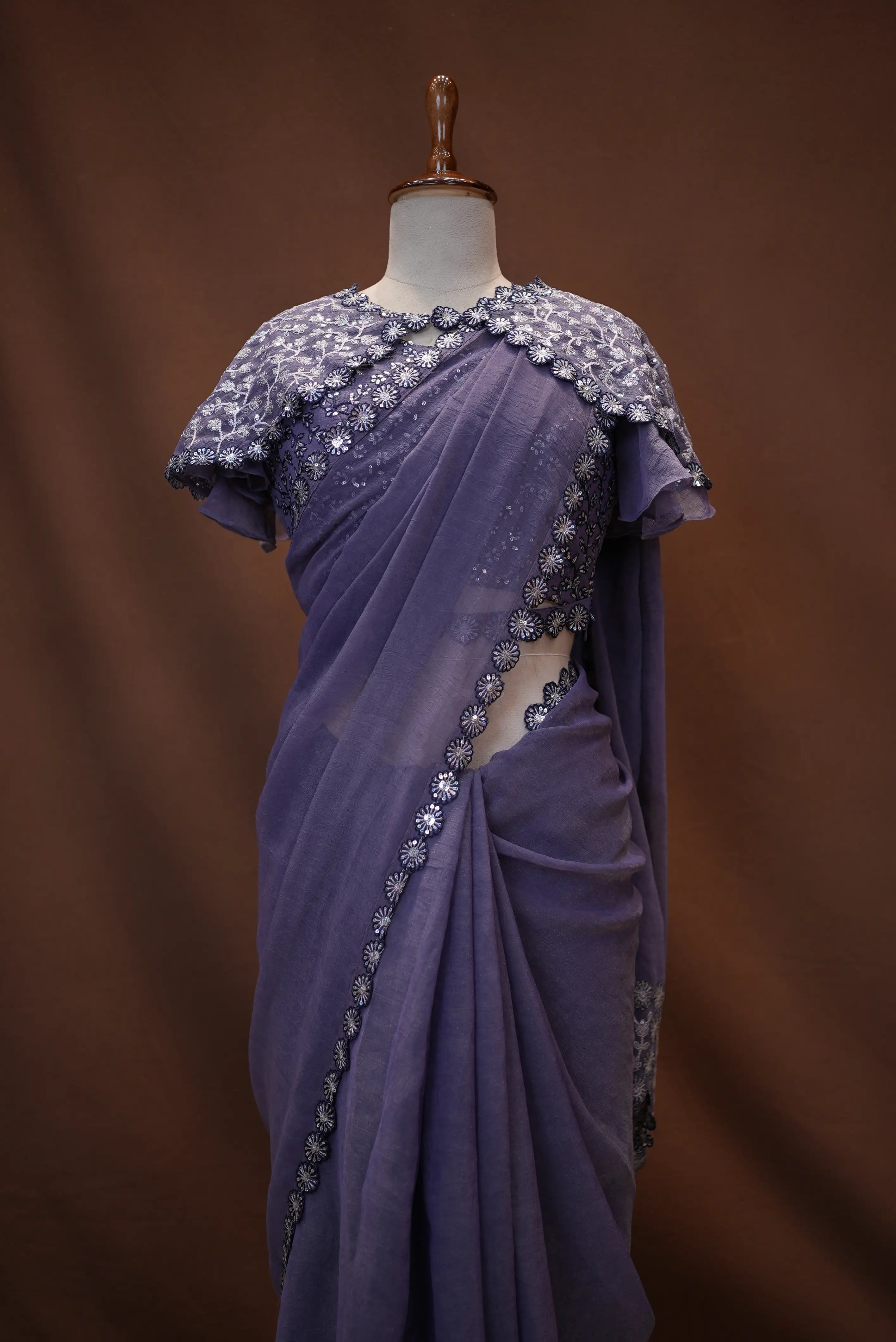 Poncho (Cap) Pattern Stitch Blouse Saree with Sequence Work ##SR451