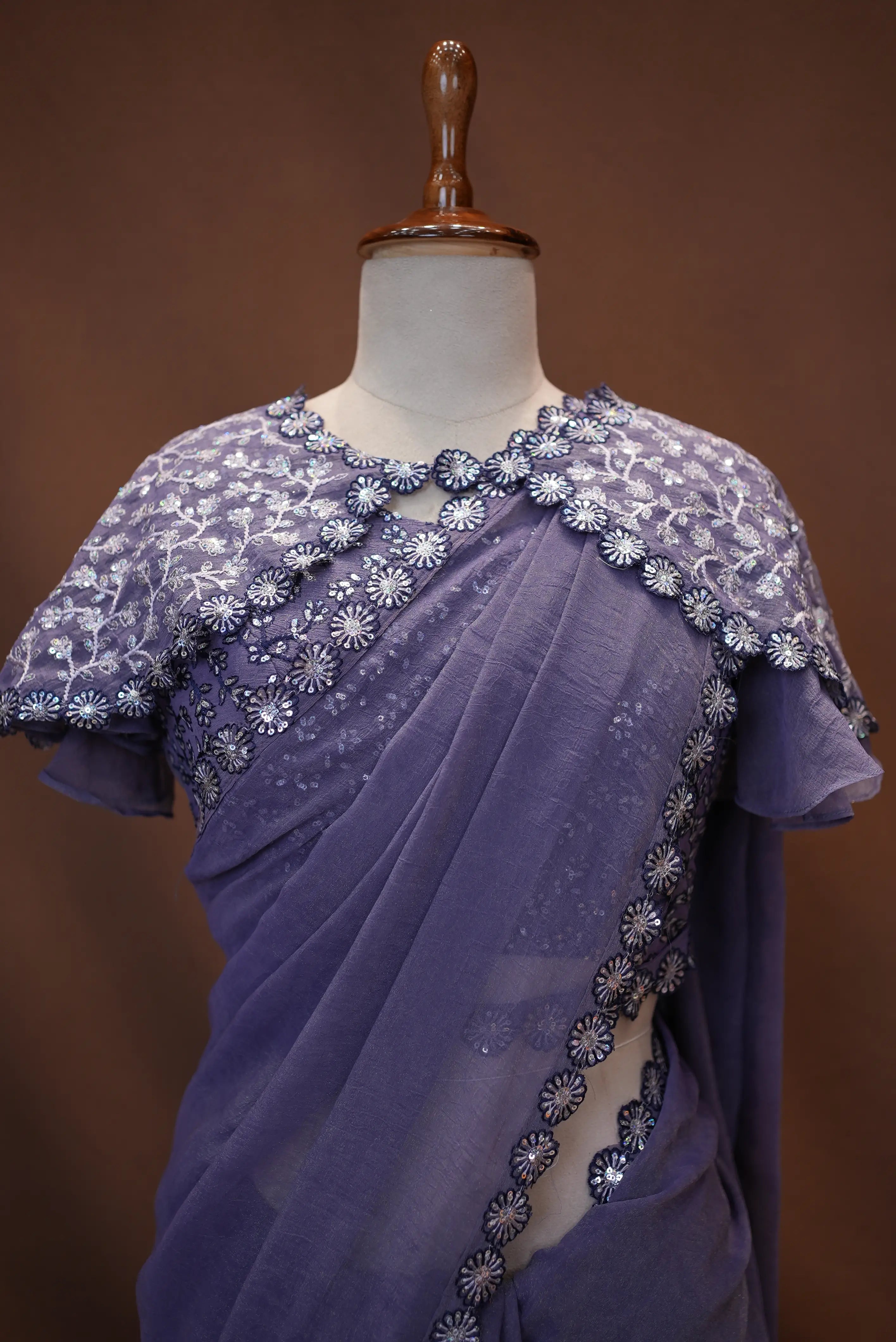 Poncho (Cap) Pattern Stitch Blouse Saree with Sequence Work ##SR451