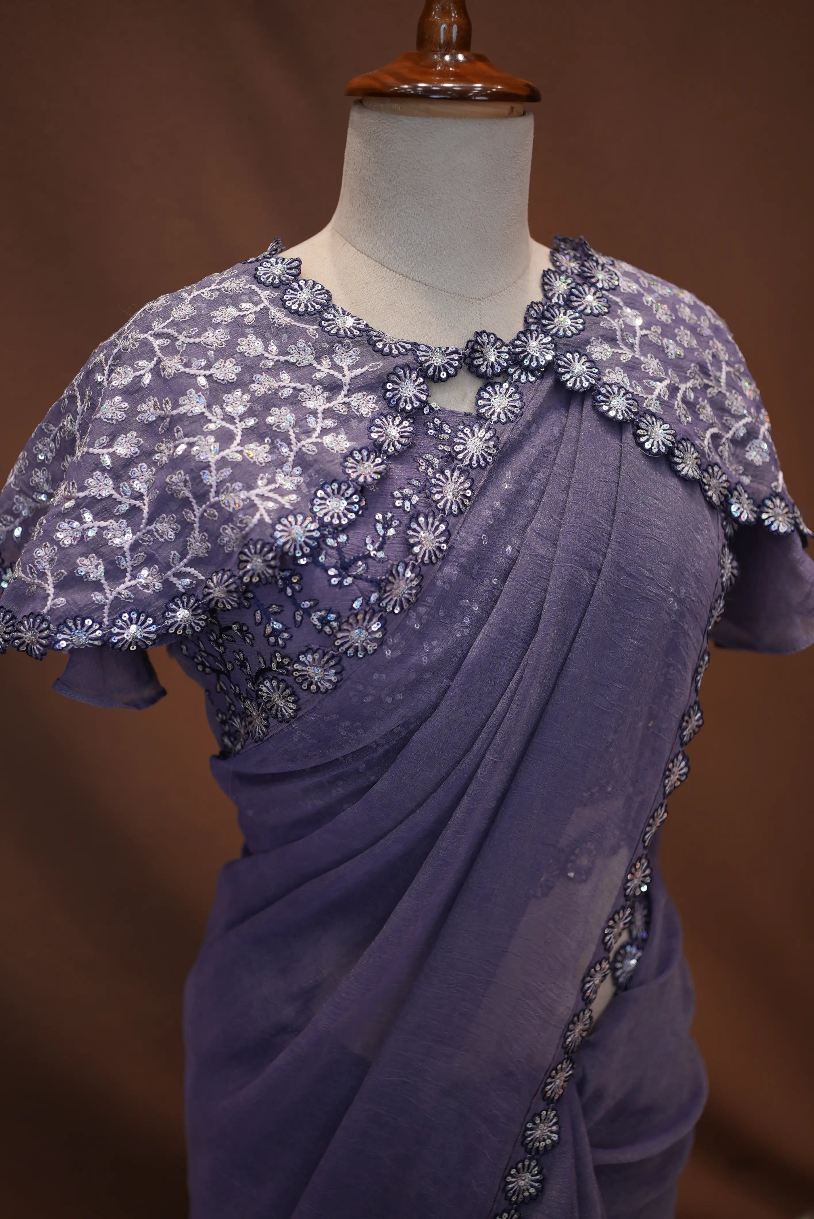 Poncho (Cap) Pattern Stitch Blouse Saree with Sequence Work ##SR451