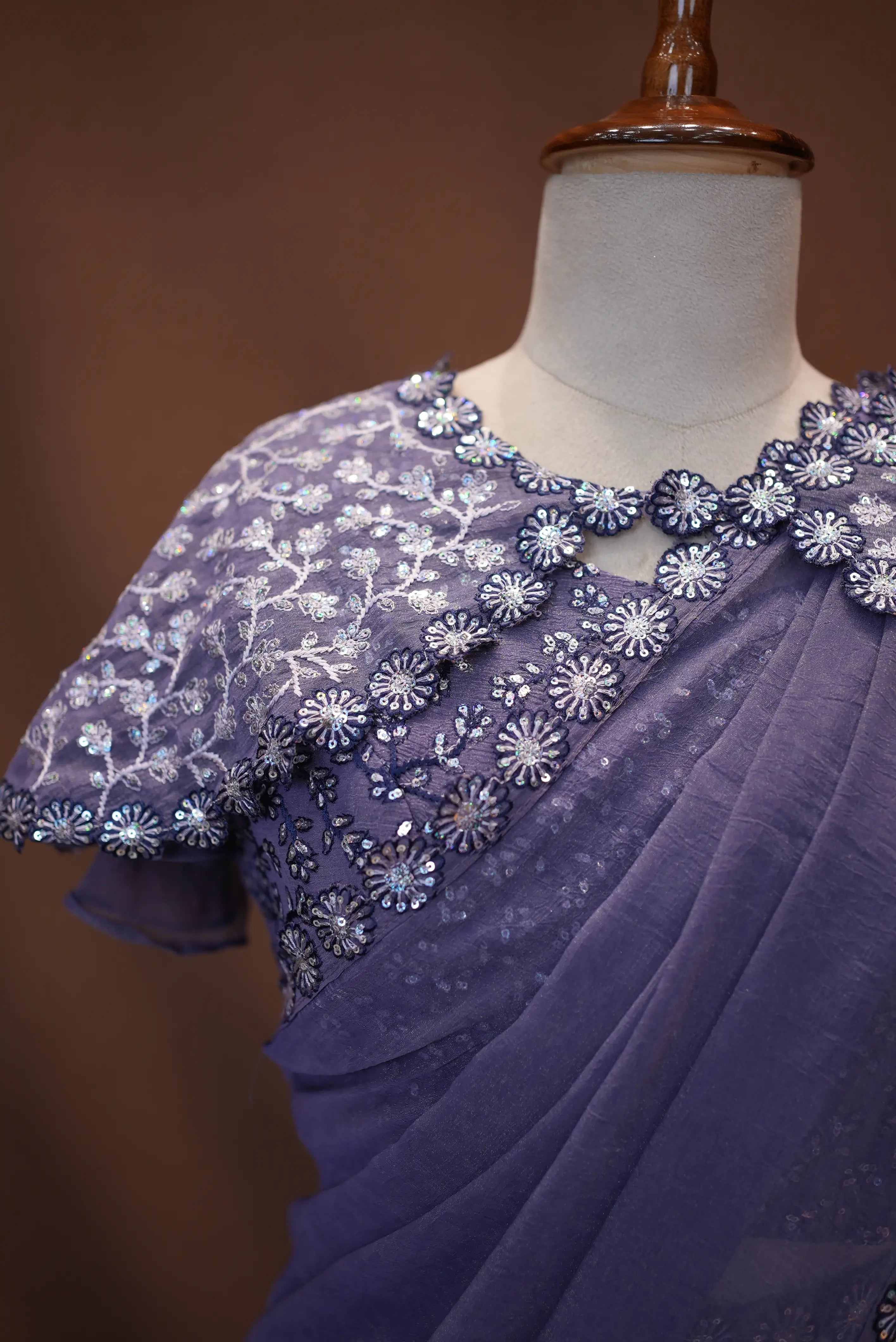 Poncho (Cap) Pattern Stitch Blouse Saree with Sequence Work ##SR451