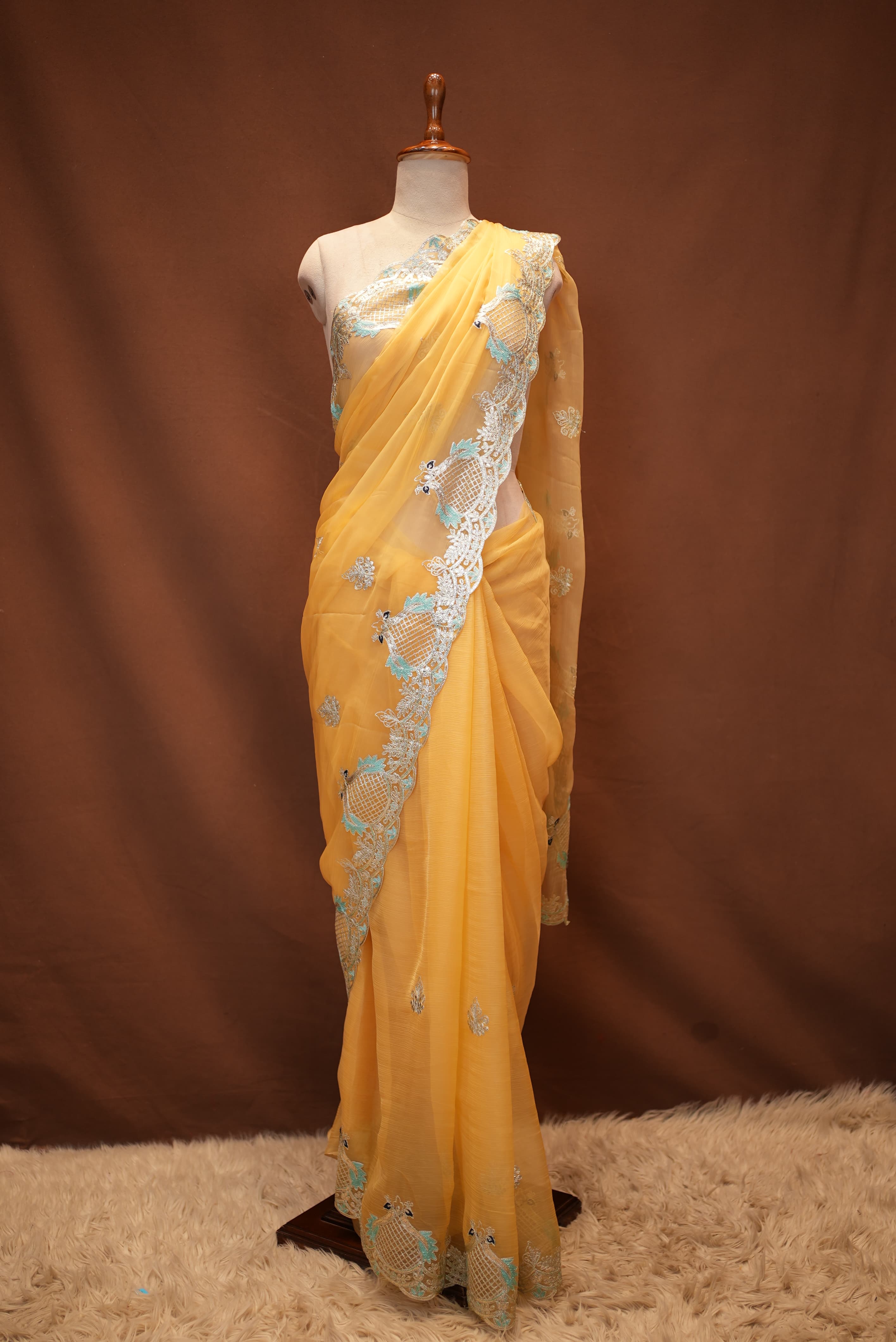 Peacock Design With Pita Work Saree (With Mono Tone Blouse)
