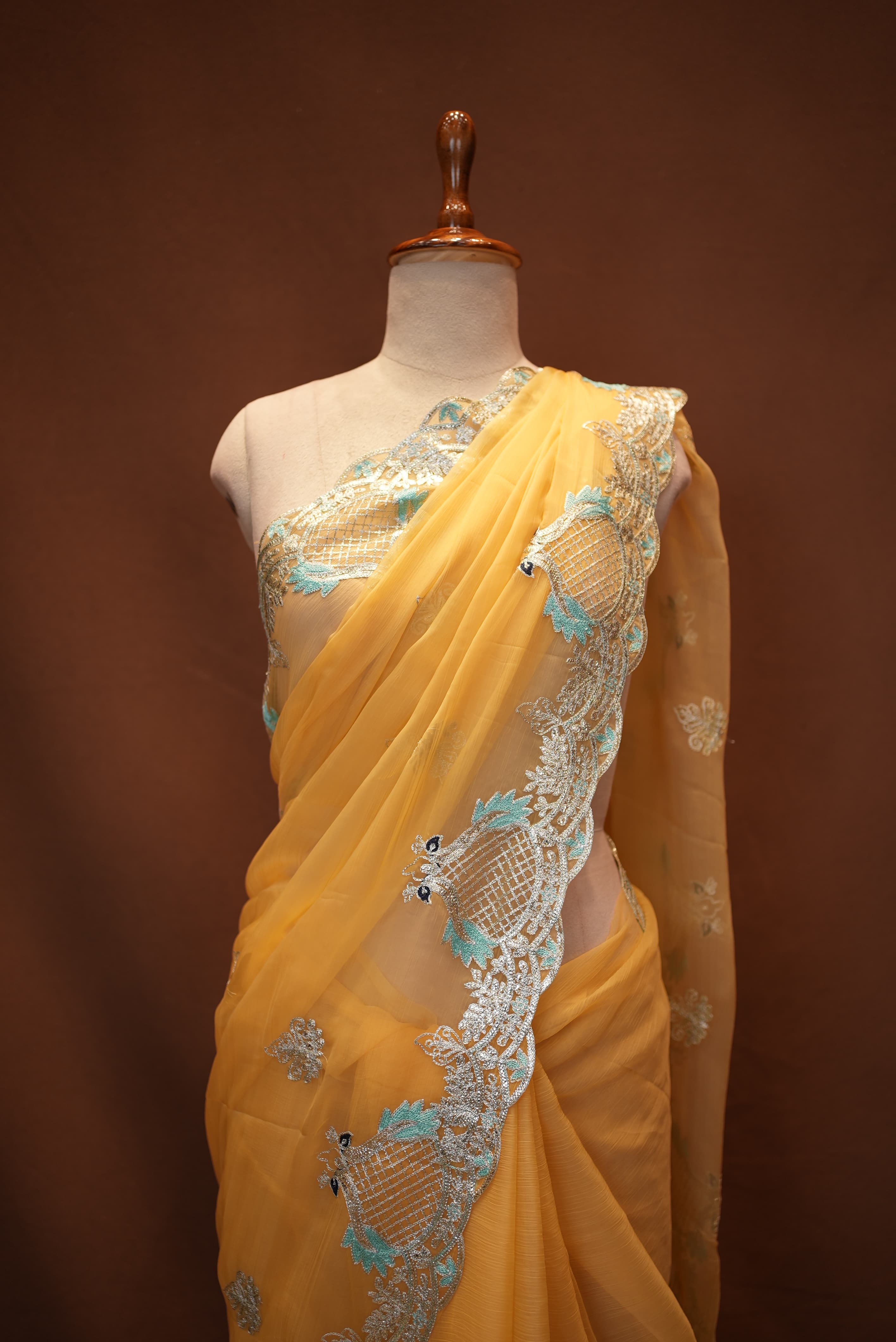 Peacock Design With Pita Work Saree (With Mono Tone Blouse)