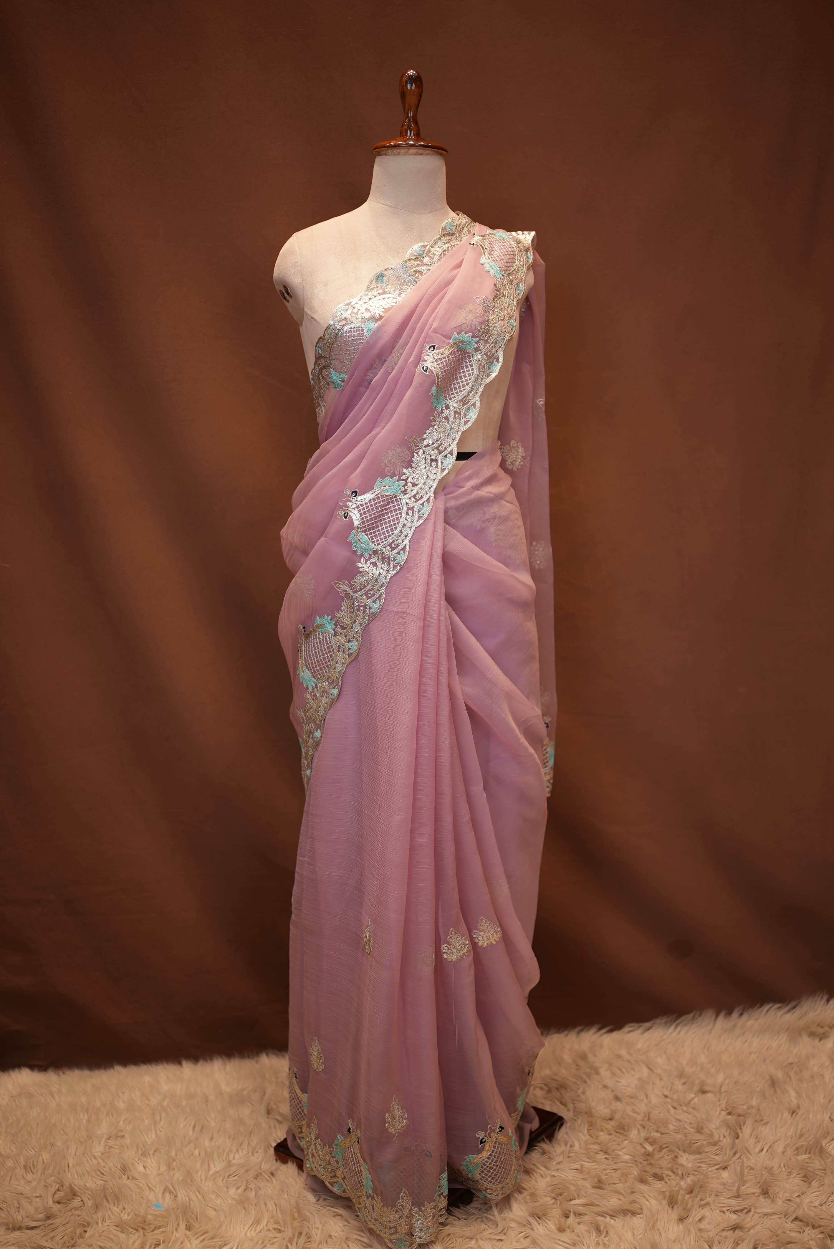 Peacock Design With Pita Work Saree (With Mono Tone Blouse)