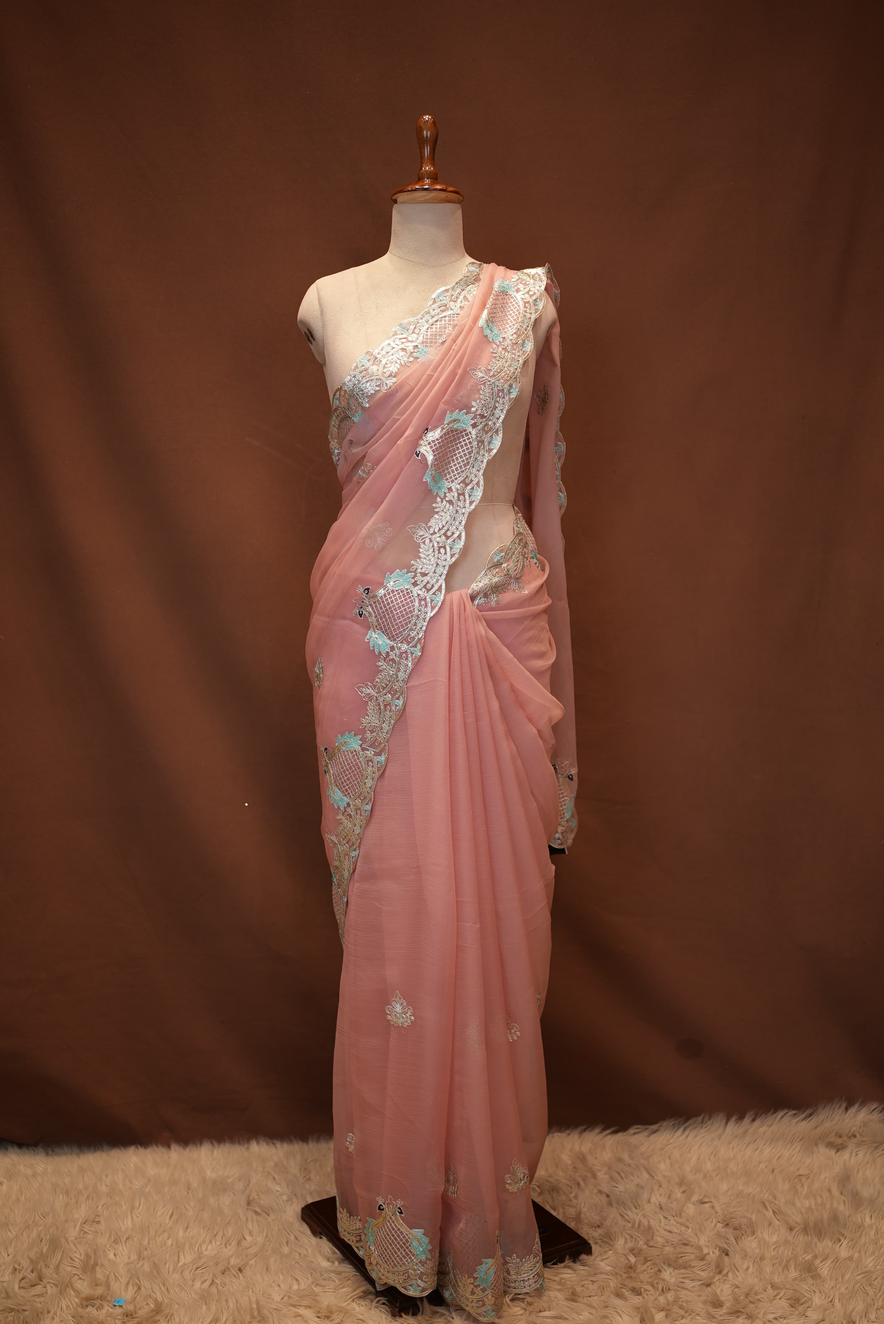 Peacock Design With Pita Work Saree (With Mono Tone Blouse)