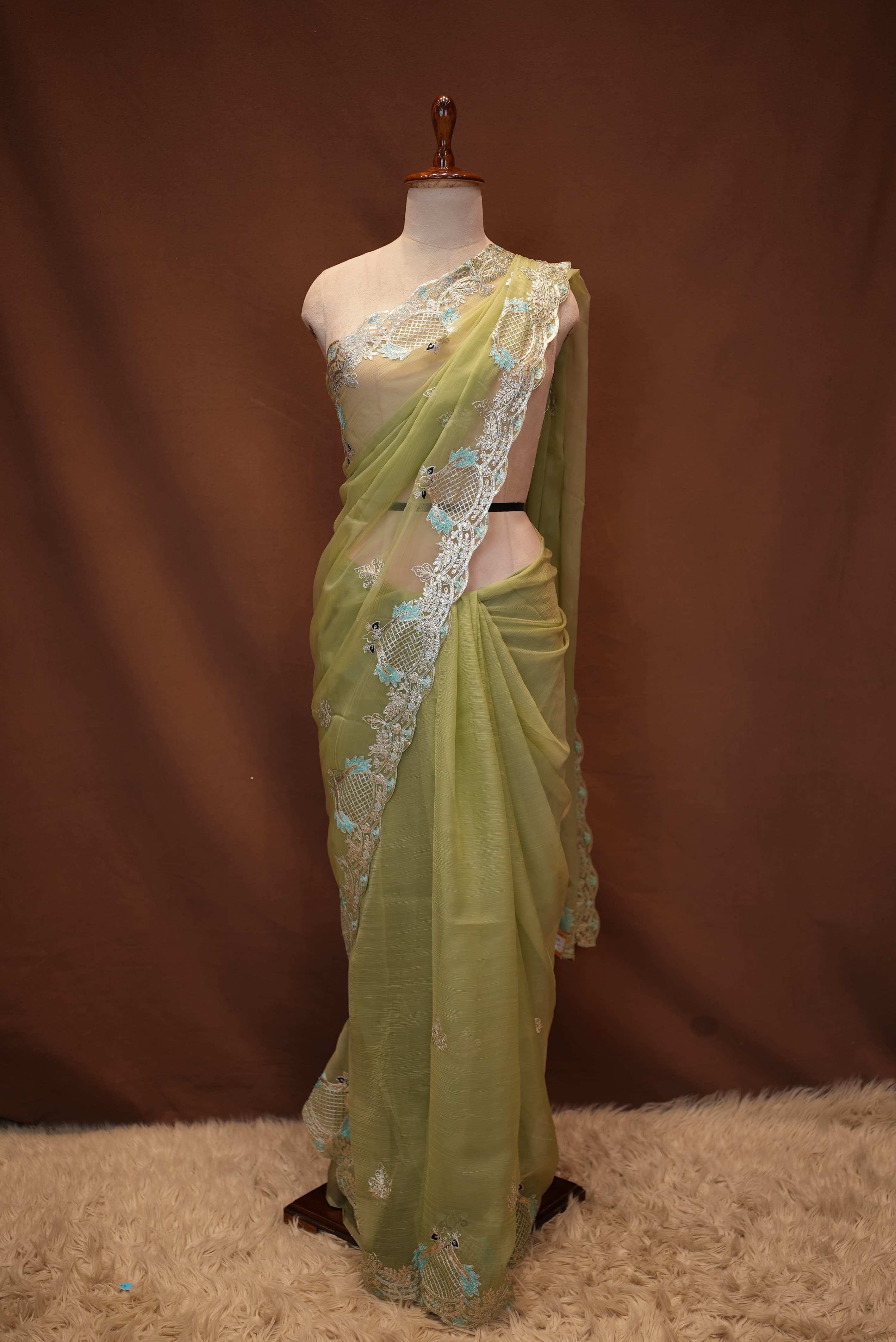 Peacock Design With Pita Work Saree (With Mono Tone Blouse)