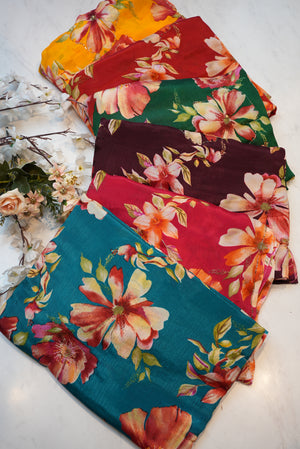CHINON SAREE WITH FLOWER PRINT & CUTDANA WORK (MARWADI CHAT COLOURS)  ##SR071