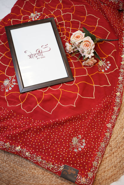 Rajasthani Lotus Bandhej Saree with Handwork