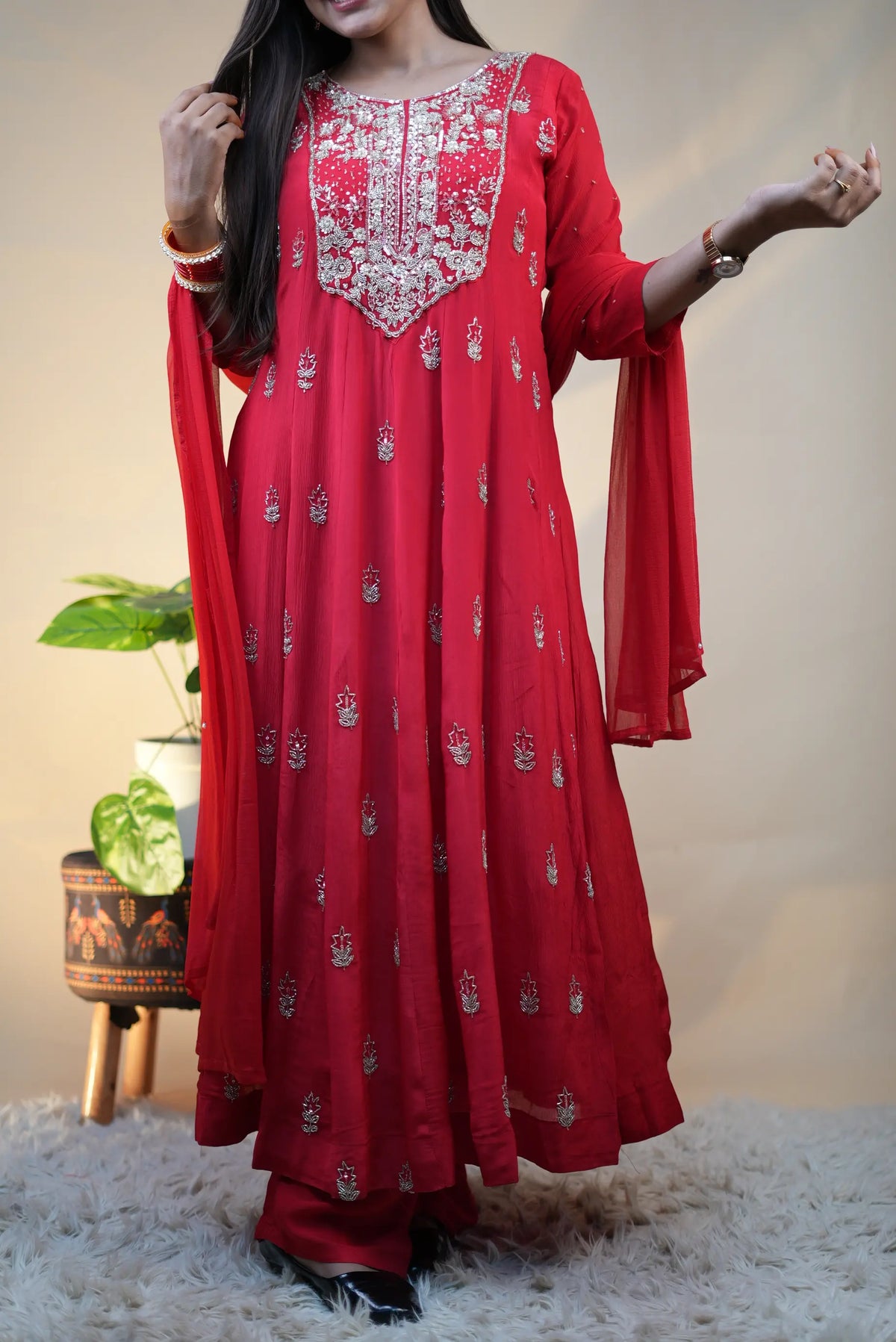 Full length front posture of model draped in red pure silk 3 piece anarkali set with chiffon dupatta