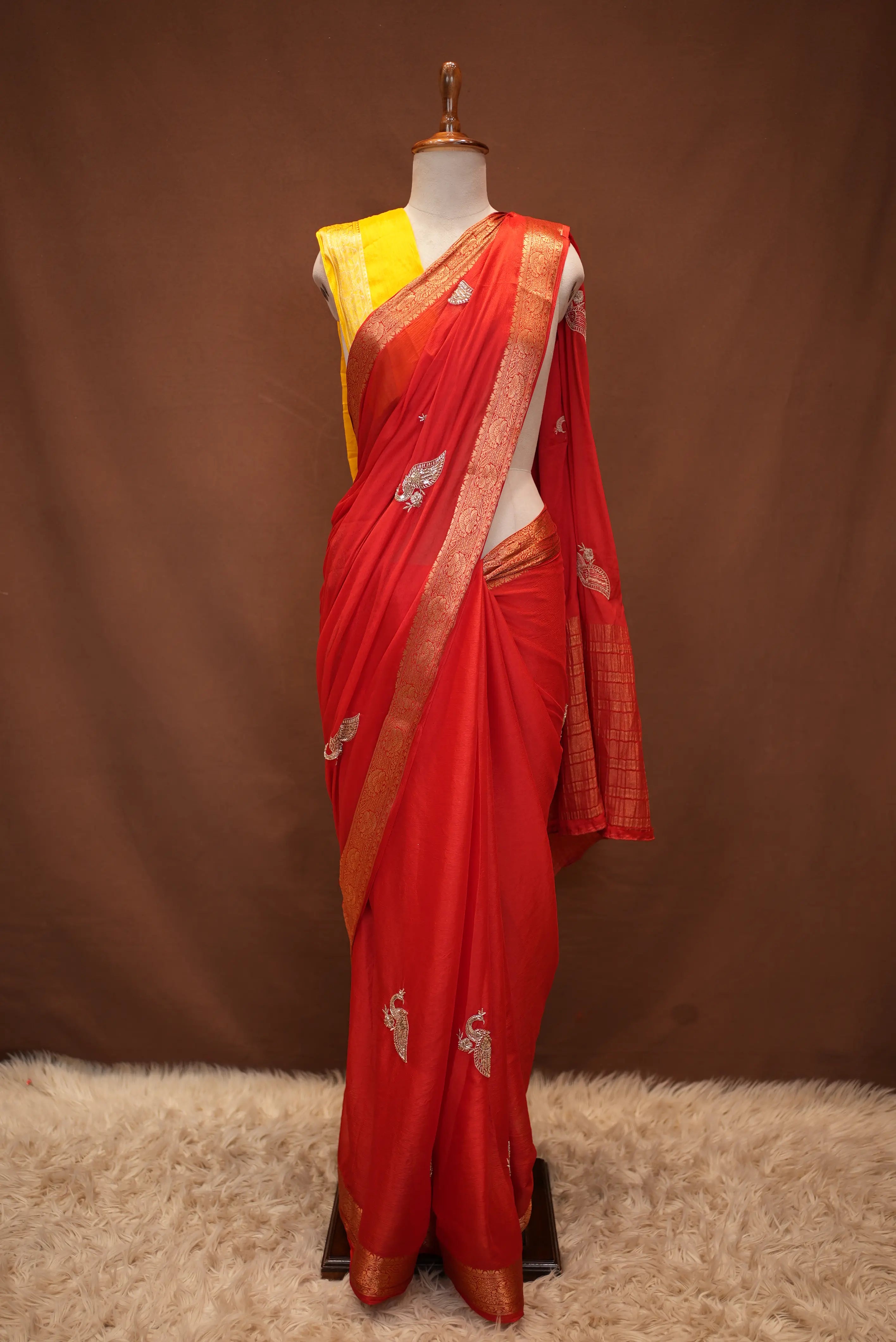 Handwork Peacock Buta With Zari Weaving Boder Saree (With Blouse)