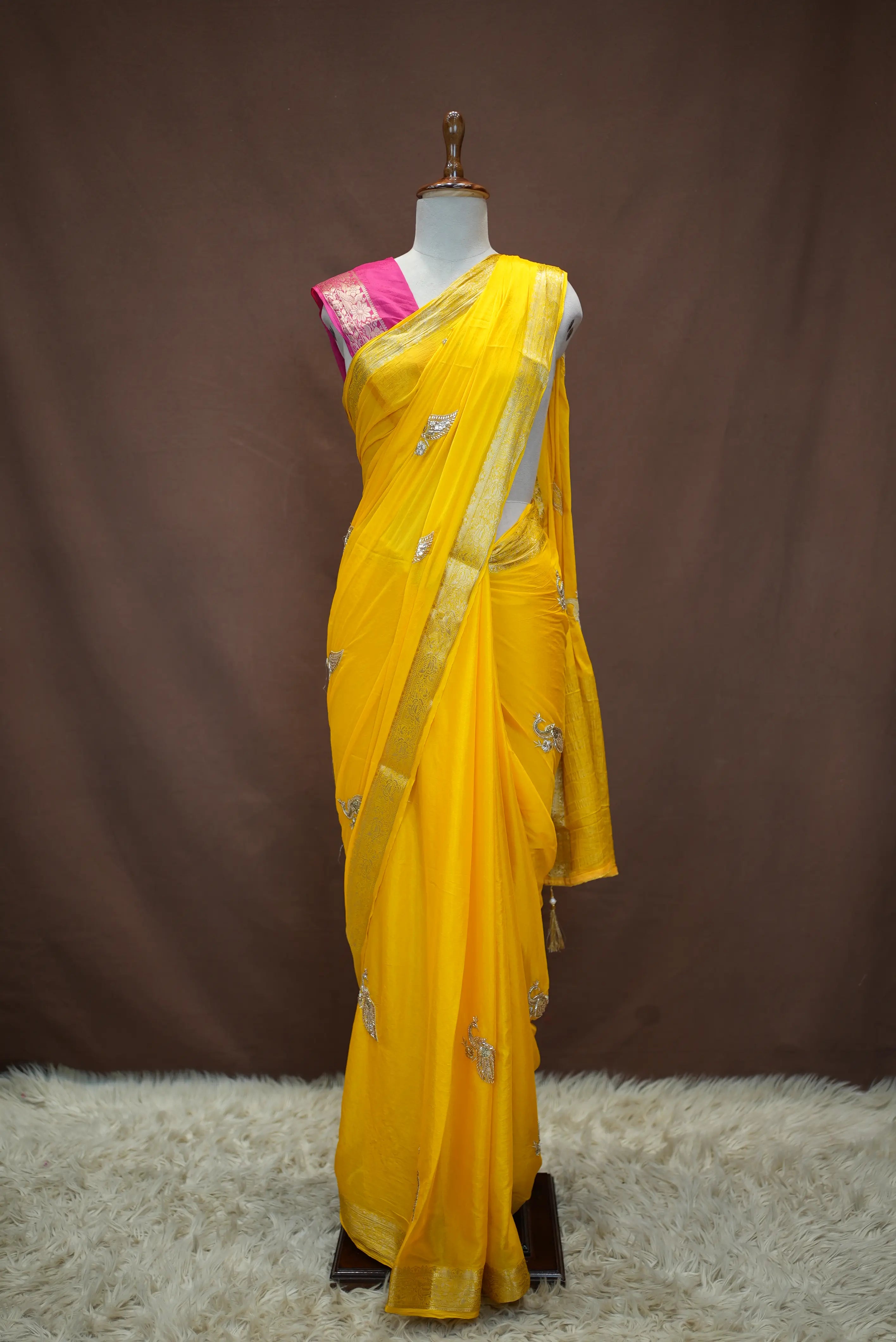 Handwork Peacock Buta With Zari Weaving Boder Saree (With Blouse)