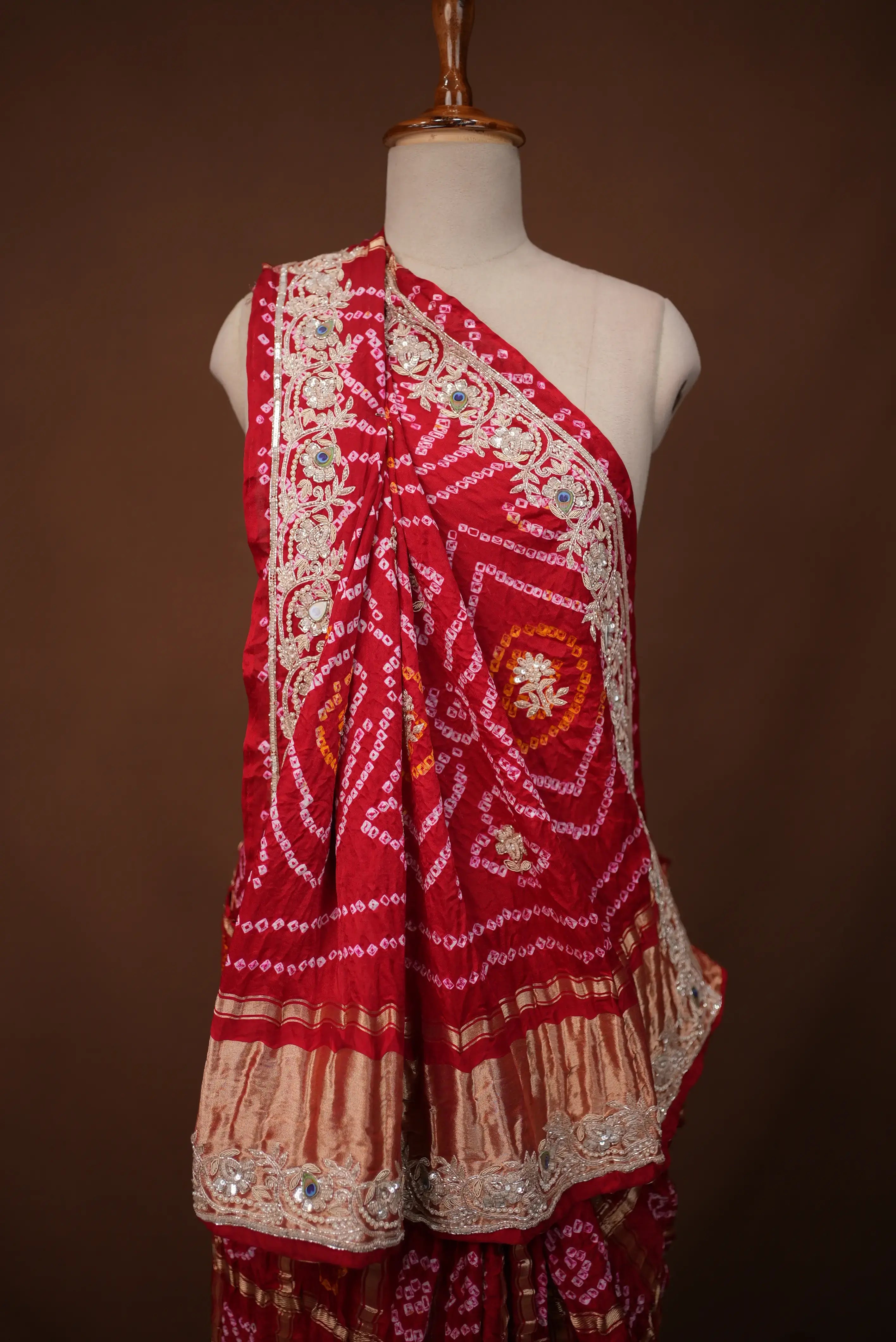 Pure Gazzi Silk Saree With Gota Patti,Zardosi Handwork Embalish With Peacock Feathers (With Blouse) SR0102