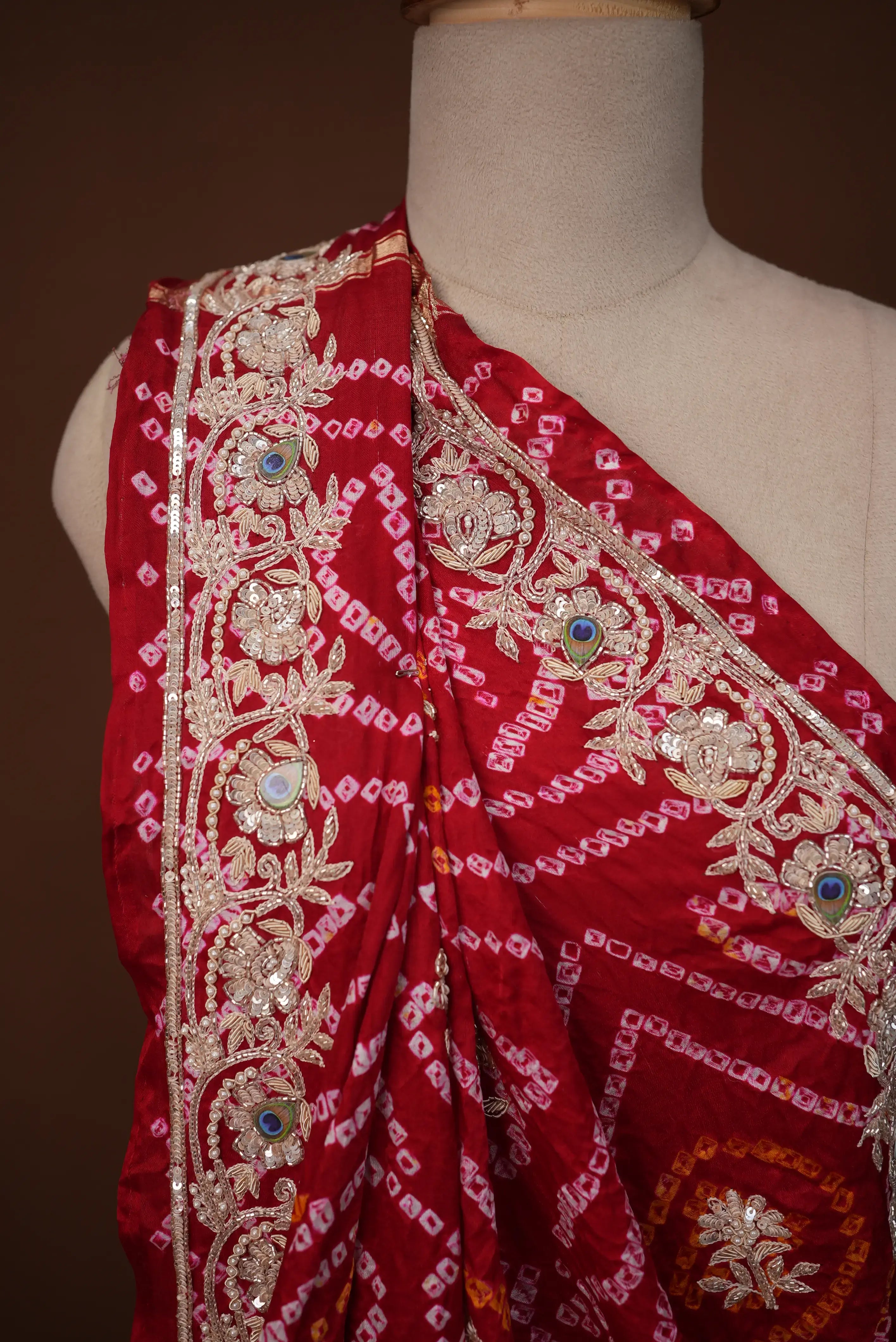 Pure Gazzi Silk Saree With Gota Patti,Zardosi Handwork Embalish With Peacock Feathers (With Blouse) SR0102