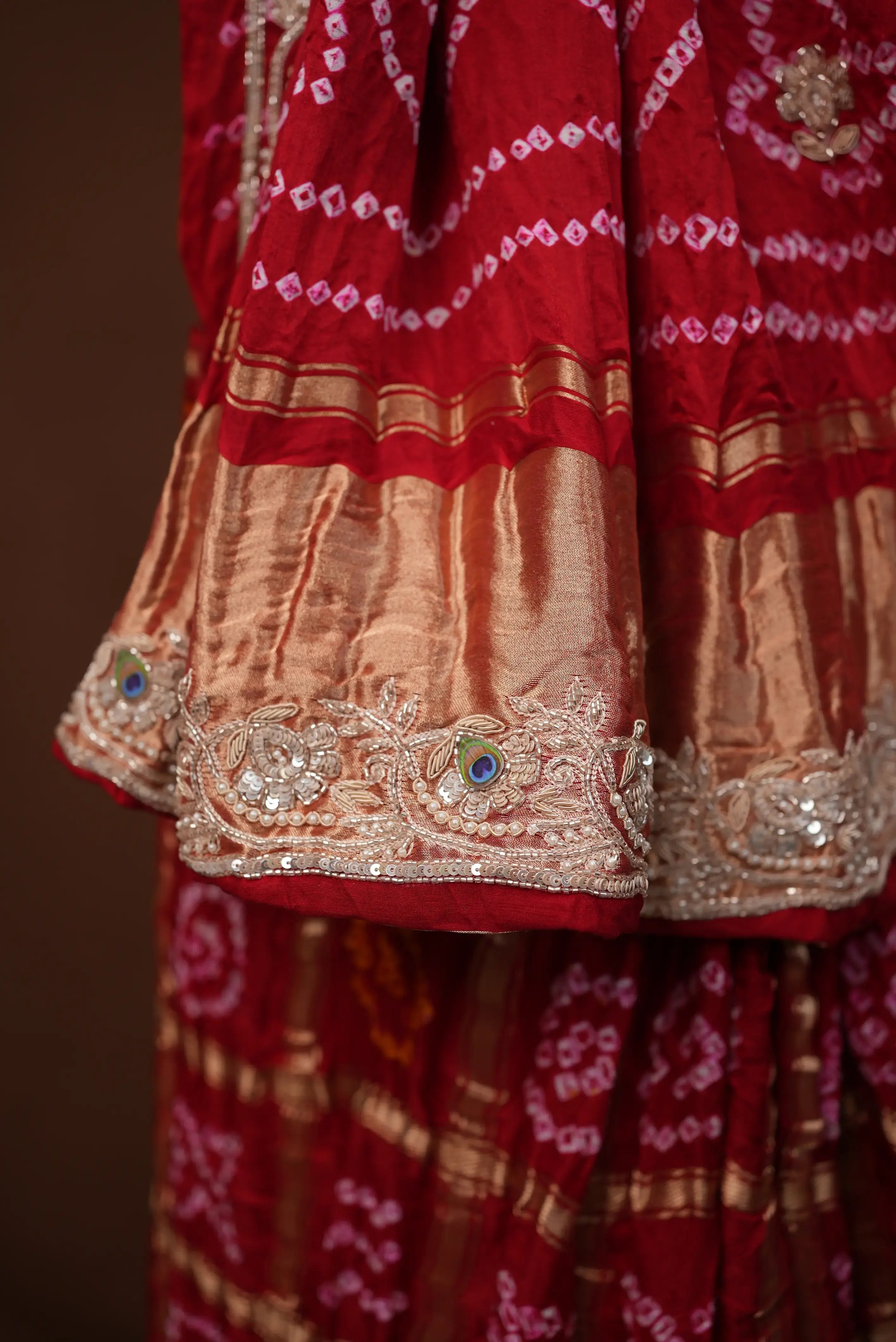 Pure Gazzi Silk Saree With Gota Patti,Zardosi Handwork Embalish With Peacock Feathers (With Blouse) SR0102