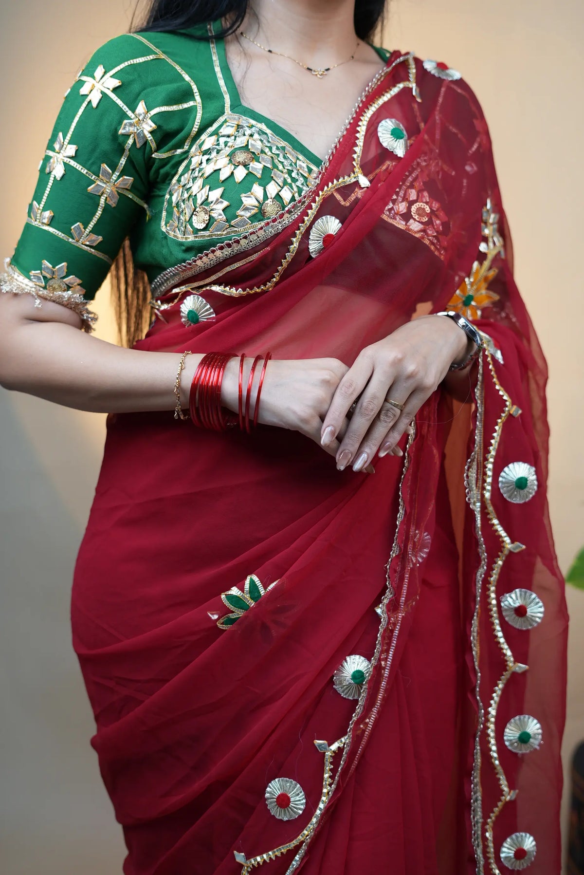 Pure Georgette Saree With Kacchi Gota Patti Handwork With Traditional Rajasthani Aangi Blouse (Unstitched)